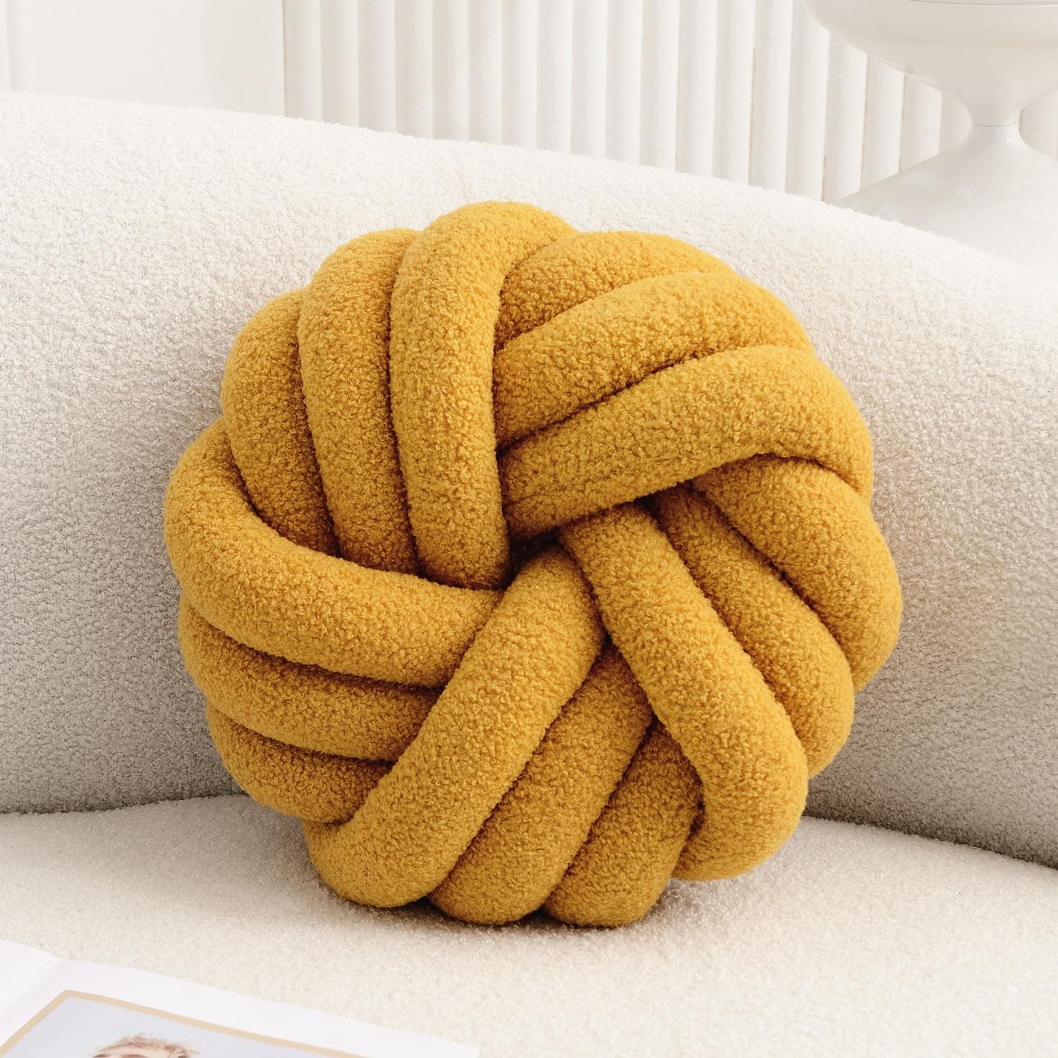 Yellow Knot Pillow 13.7'' Round Throw Pillow Soft Plush Knot Ball Pillow Handmade Knotted Pillow Modern Home Decorative Knotted Pillow Cushion for Bed Bedroom, Sofa, Couch