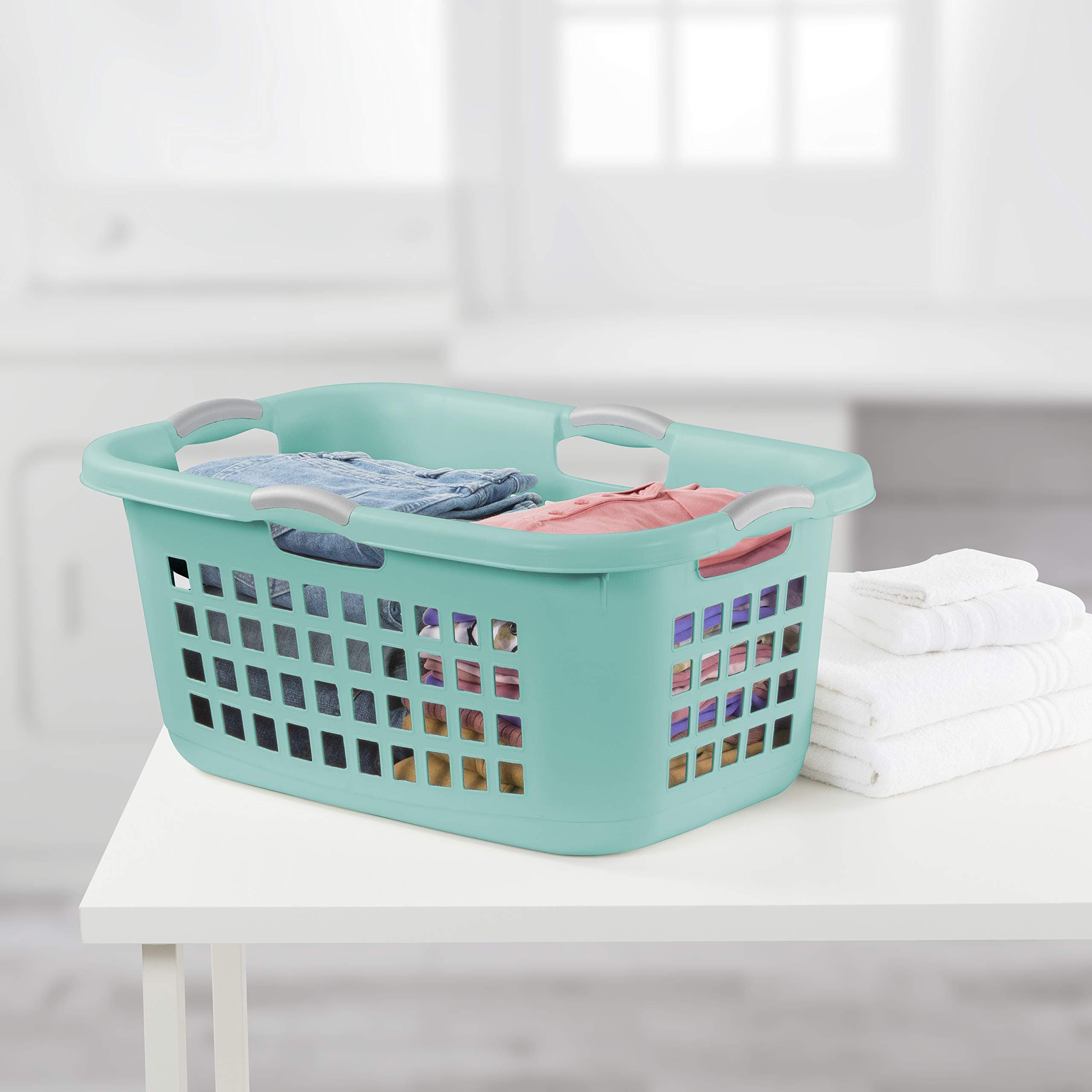 Sterilite 2 Bushel 71 L Ultra Laundry Basket, with Titanium Handles, 6 Pack, Aqua Chrome