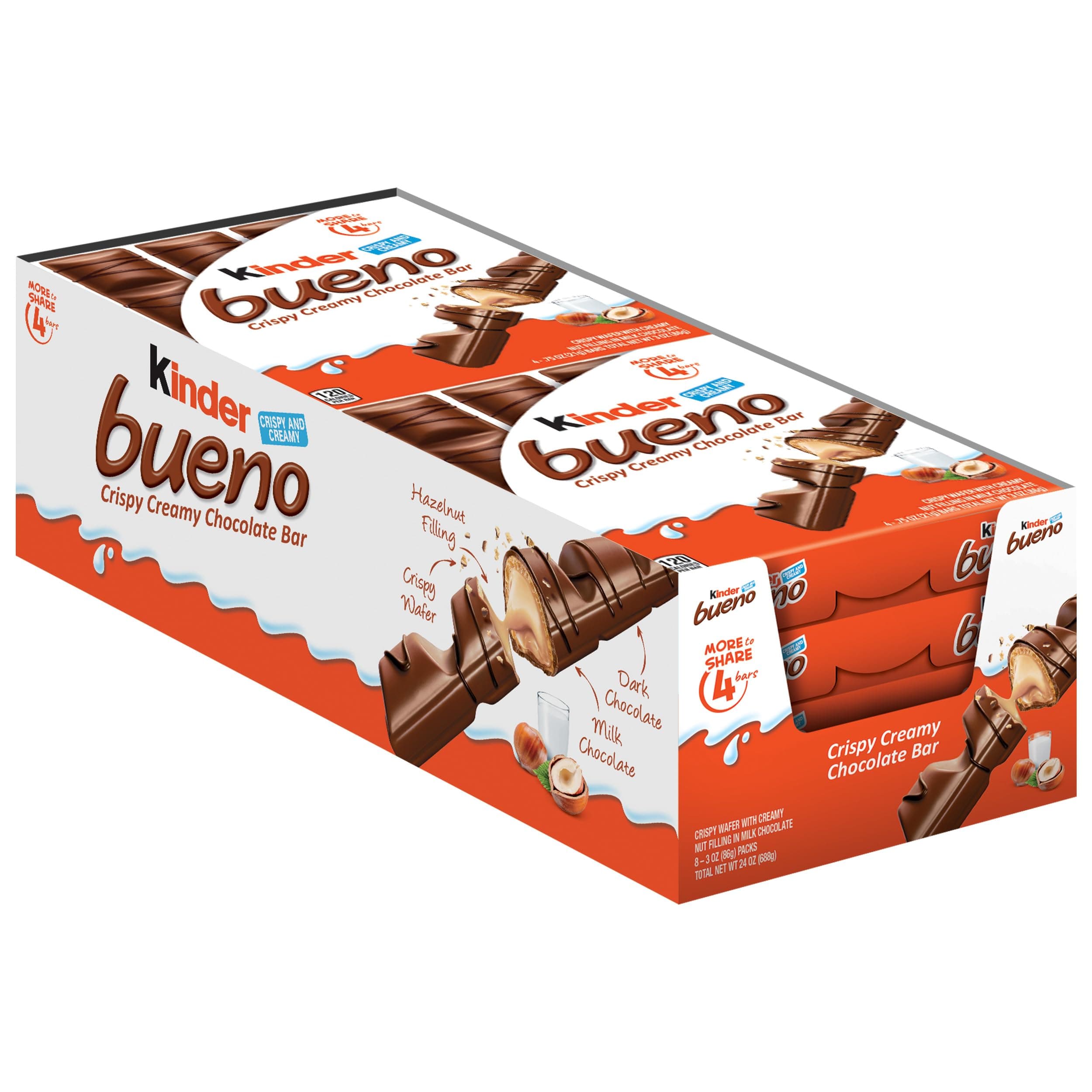 Kinder Bueno Milk Chocolate and Hazelnut Cream, 8 Pack, 4 Individually Wrapped Chocolate Bars, 3 oz Each