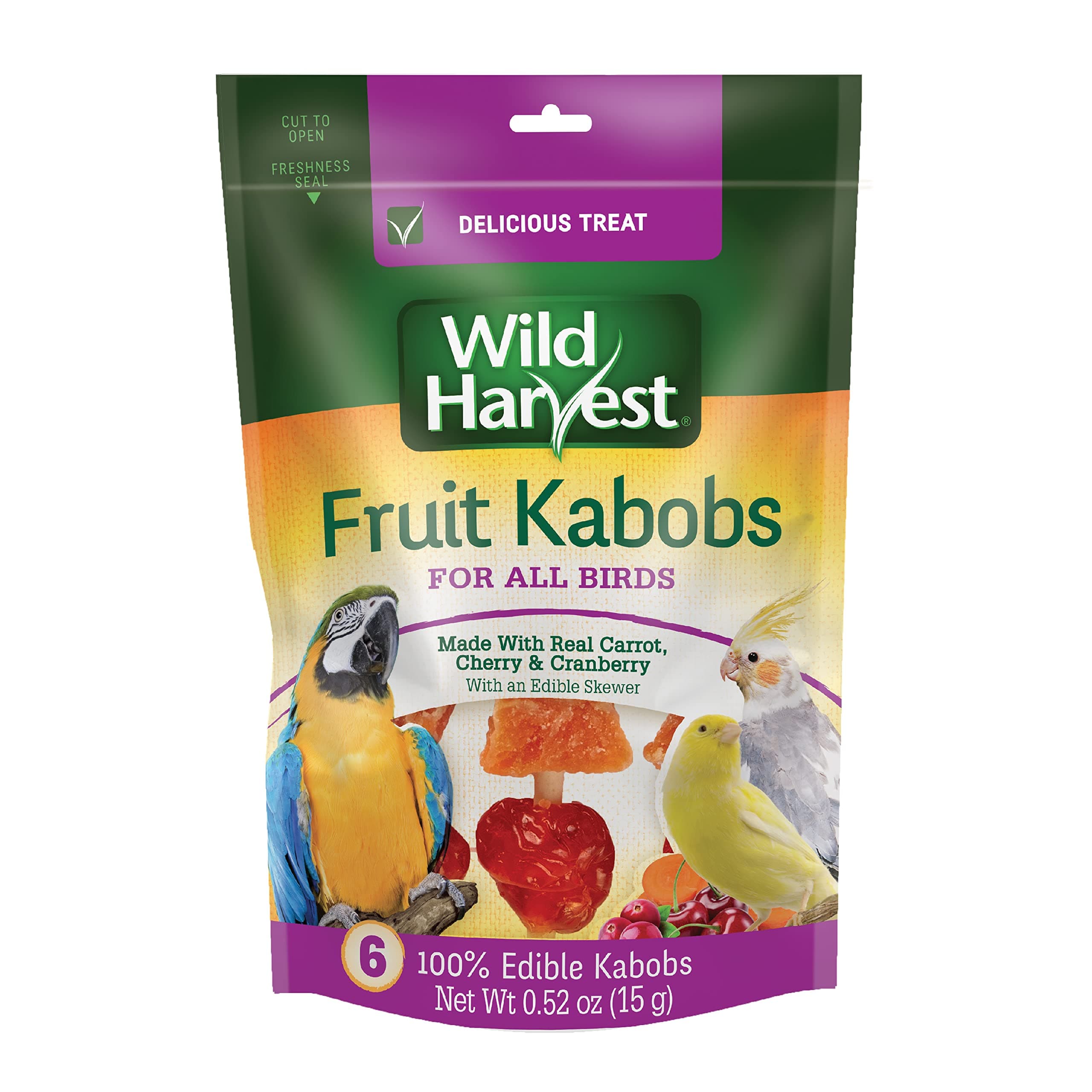 Wild Harvest Fruit Kabobs for All Birds, 6 Count, Made with Real Carrot, Cherry and Cranberry with Edible Skewer, 0.52 Ounce (Pack of 6)