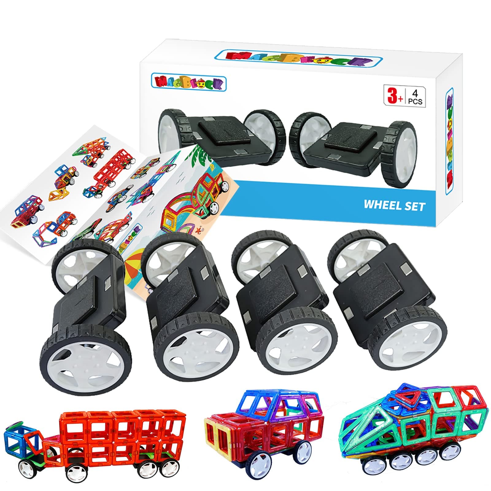 MAGBLOCK 4 Pieces Wheels Set Compatible with Hole Magnetic Blocks Wheels Bases for Kids/Toddler Toys (No Magnets)