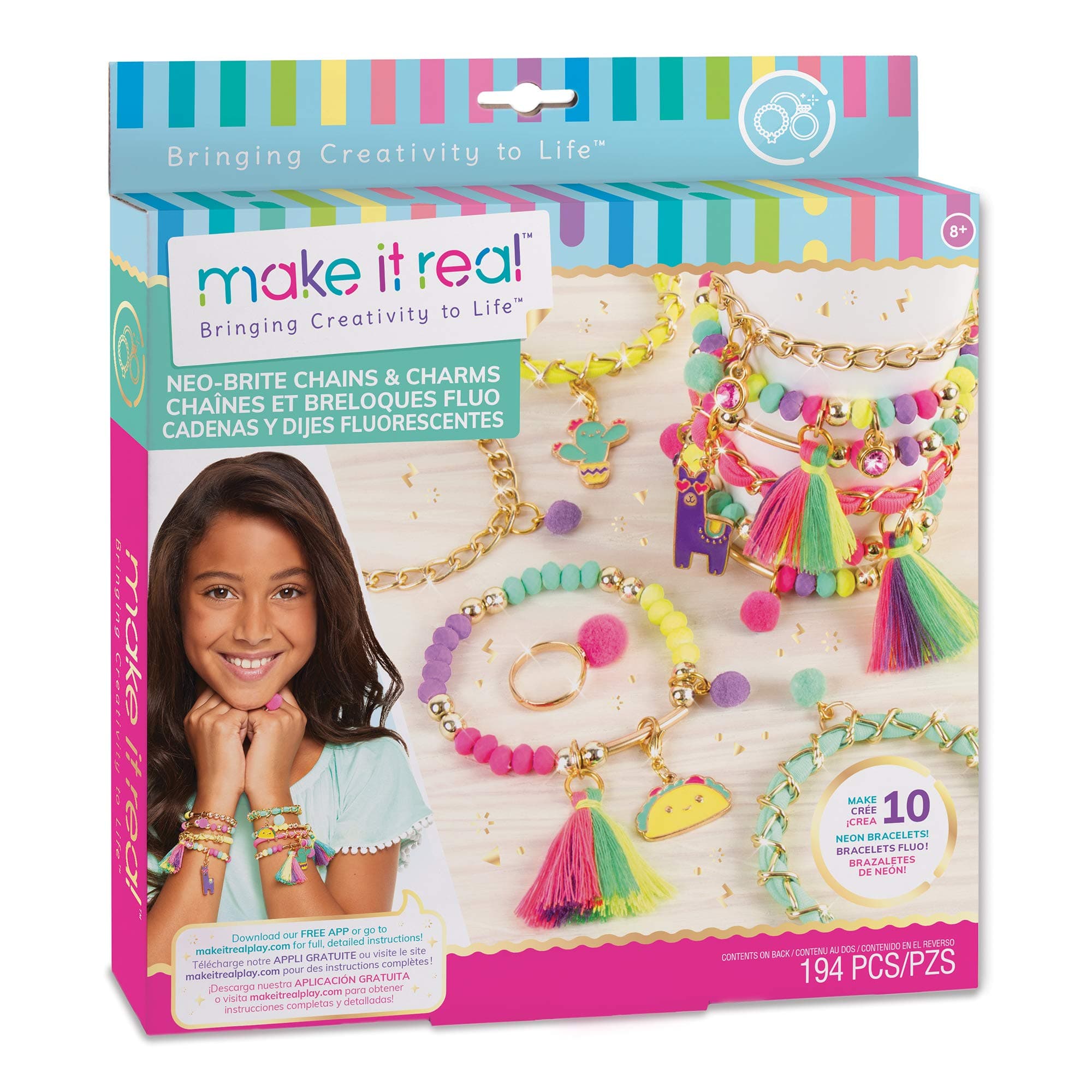 Make It Real - Neo-Brite Chains and Charms DIY Gold Chain Charm Bracelet Making Kit for Girls, Art and Craft Kit for Creating Unique Tween Bracelets with Neon Beads, Unique Pom Pom Charms and Gold