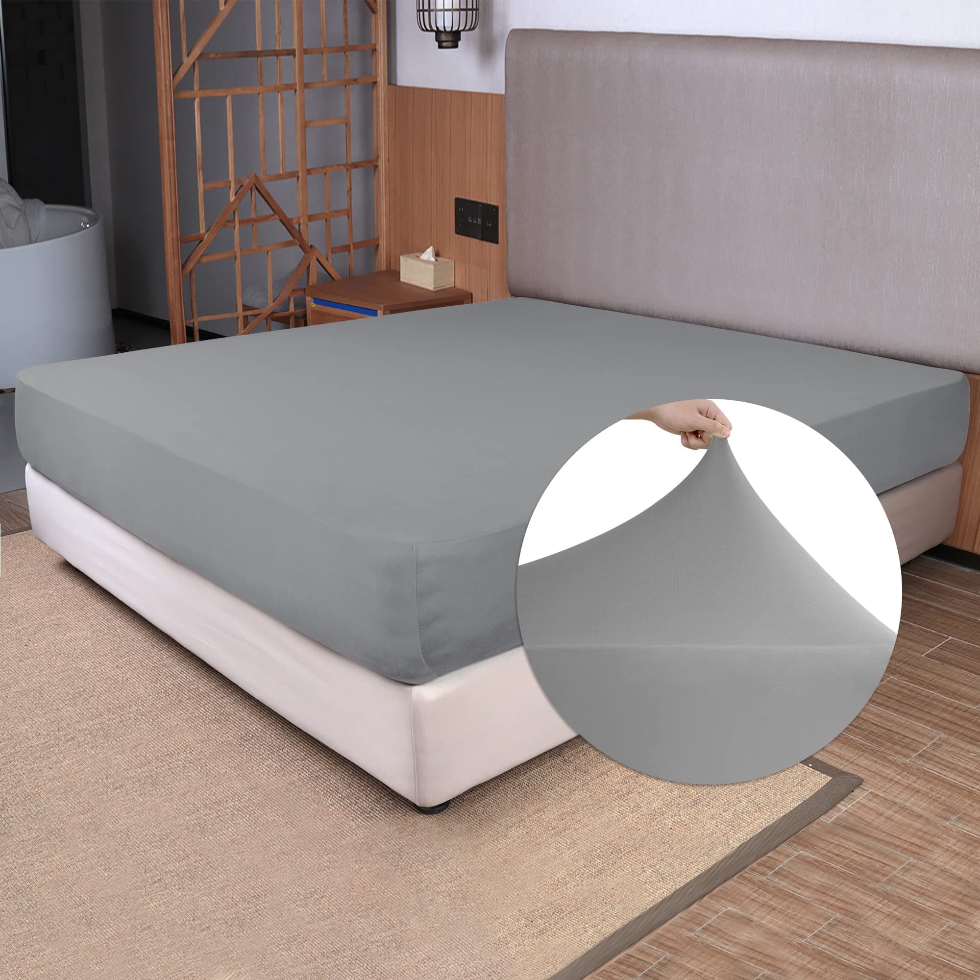 Queen Size Fitted Sheet Only - 4-Way Stretch Jersey Knit, Cozy T-Shirt Soft, Wrinkle Free, Snug Fit & Stay in Place, No More Slipping Off for Mattress (Deep: 5"-16") - Light Gray, Queen