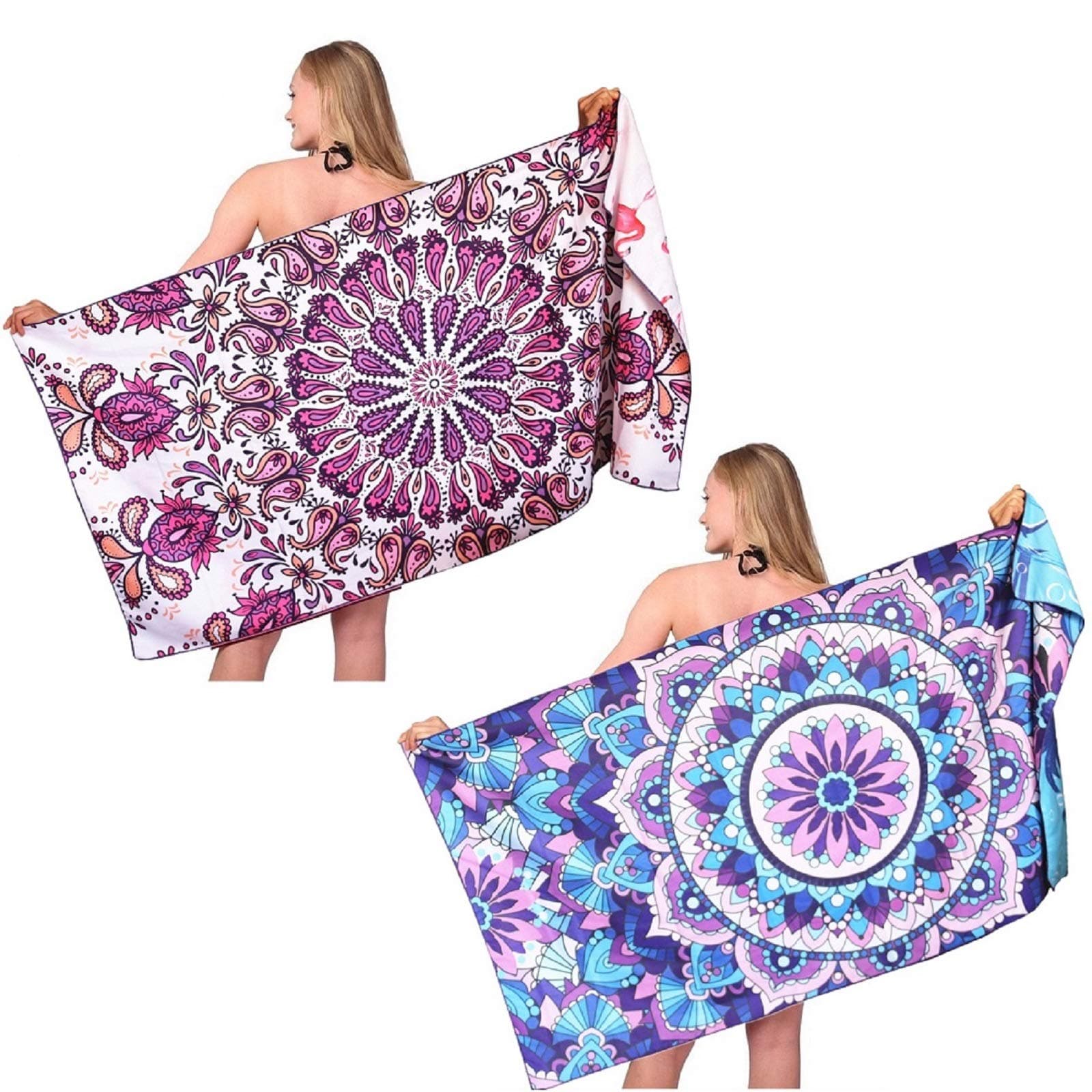 Microfiber Sand Free Beach Towel-Oversized Large Fast Dry Super Absorbent Lightweight Thin Bath Towels Blanket for Travel Pool Swimming Camping Girls Women Men Adults 2 Packs Blue Purple Mandala