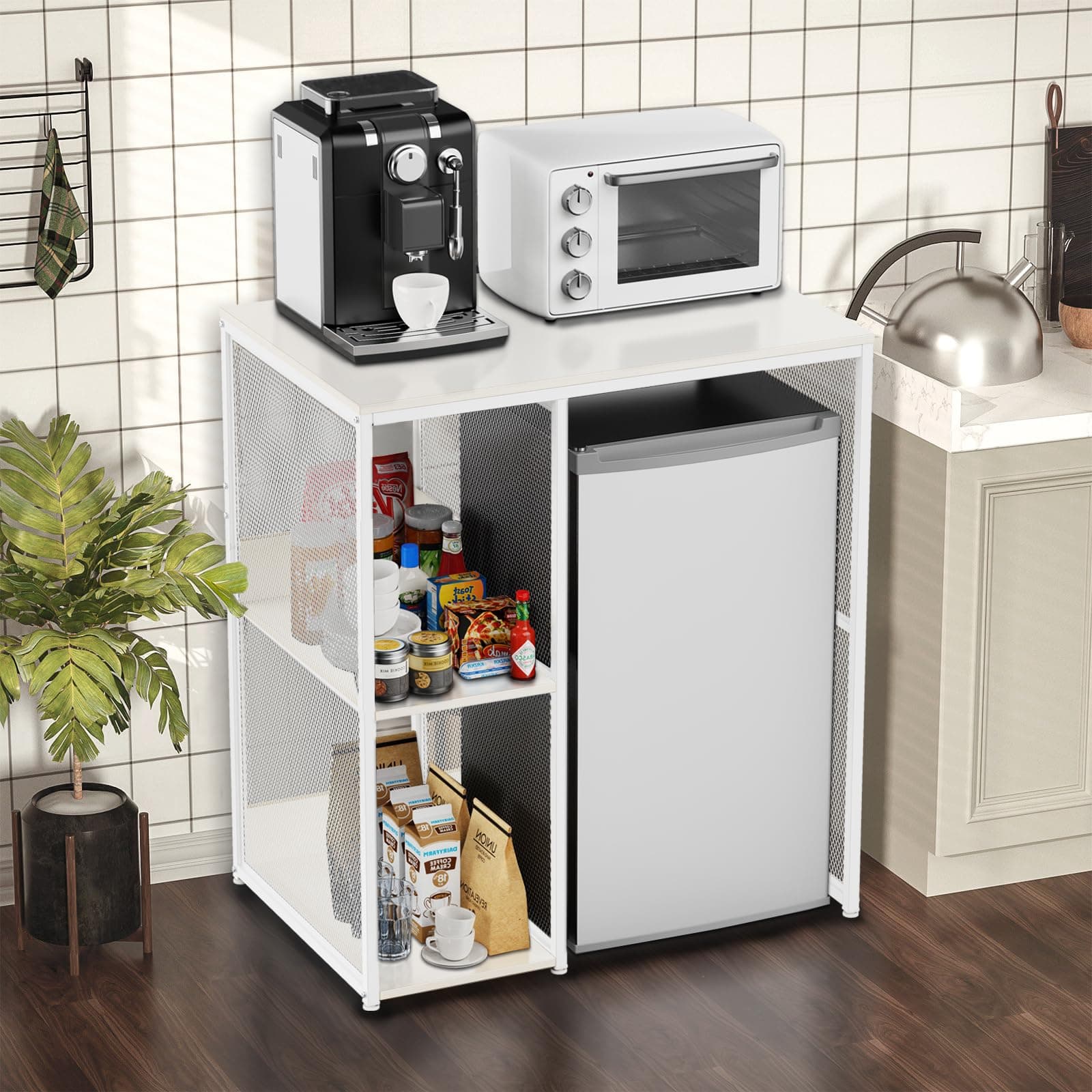 KirKical 3-Tier Coffee Bar Cabinet with Mini Fridge Space, Simple Style Microwave Stand Bakers Rack, Utility Compact Refrigerator Storage Organizer for Home Kitchen Dorm, White