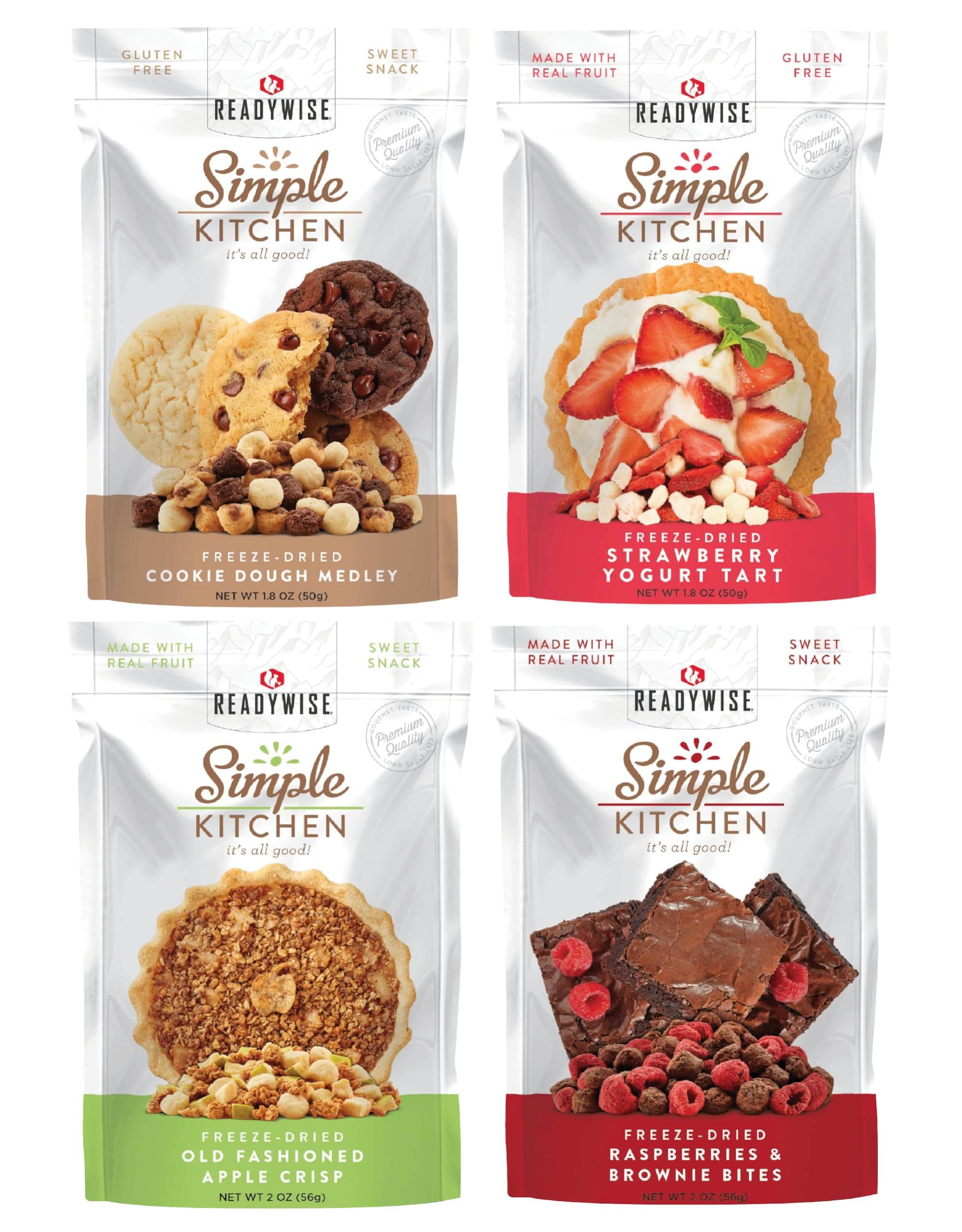 READYWISE - Simple Kitchen, Sweet Treats Variety Pack, 8 Servings, Pack of 4, Fruit Snacks, Healthy, Organic, Chips, Gluten Free Options, Camping, Hiking Snacks, Backpacking Food, Resealable Pouch