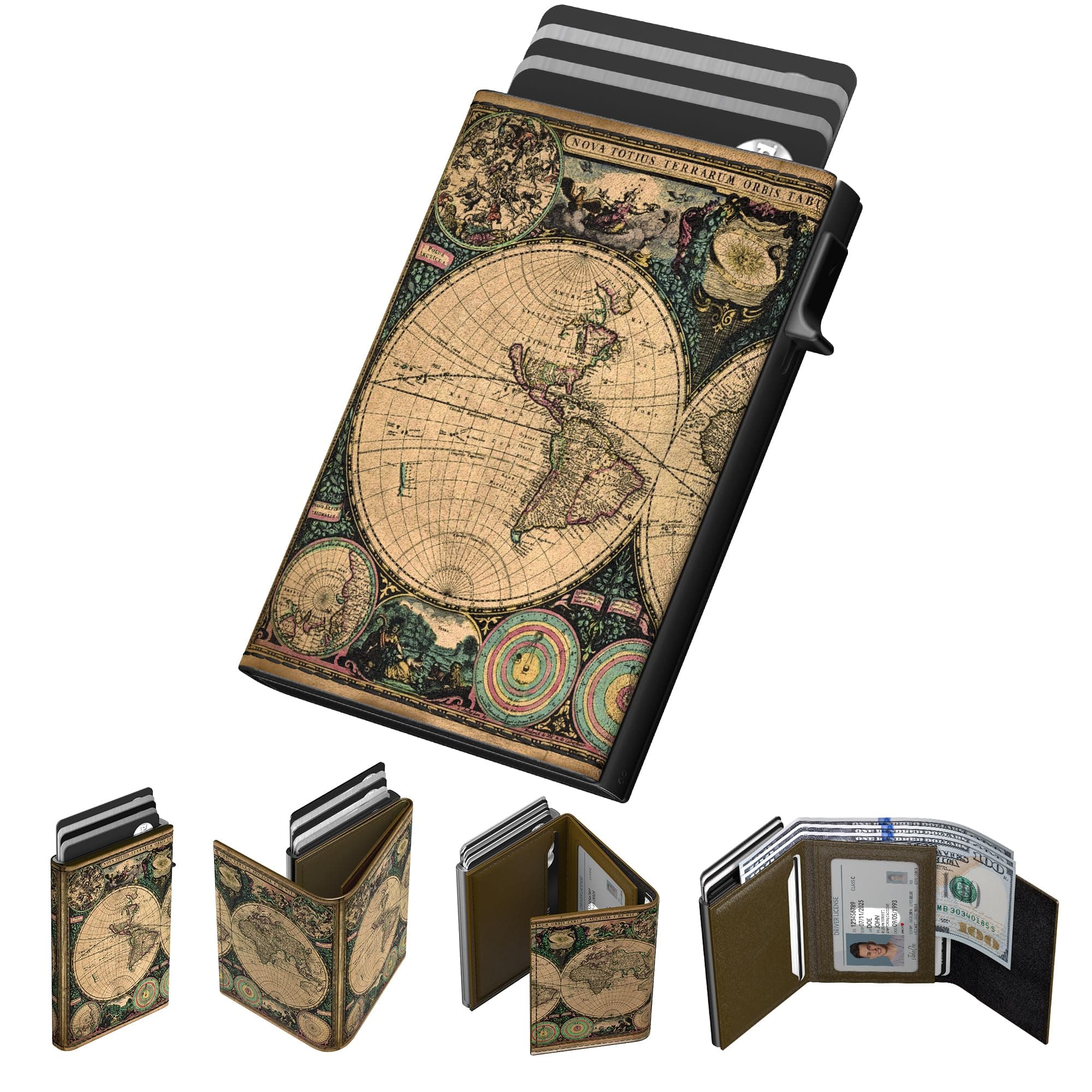 Mens Wallet Card Holder: Pop Up Aluminum Case, Carbon Fiber Leather, Smart, RFID Blocking, Slim, Minimalist, Front Pocket - 9-14 Card Capacity | ID Window | Cash Slot (Map)