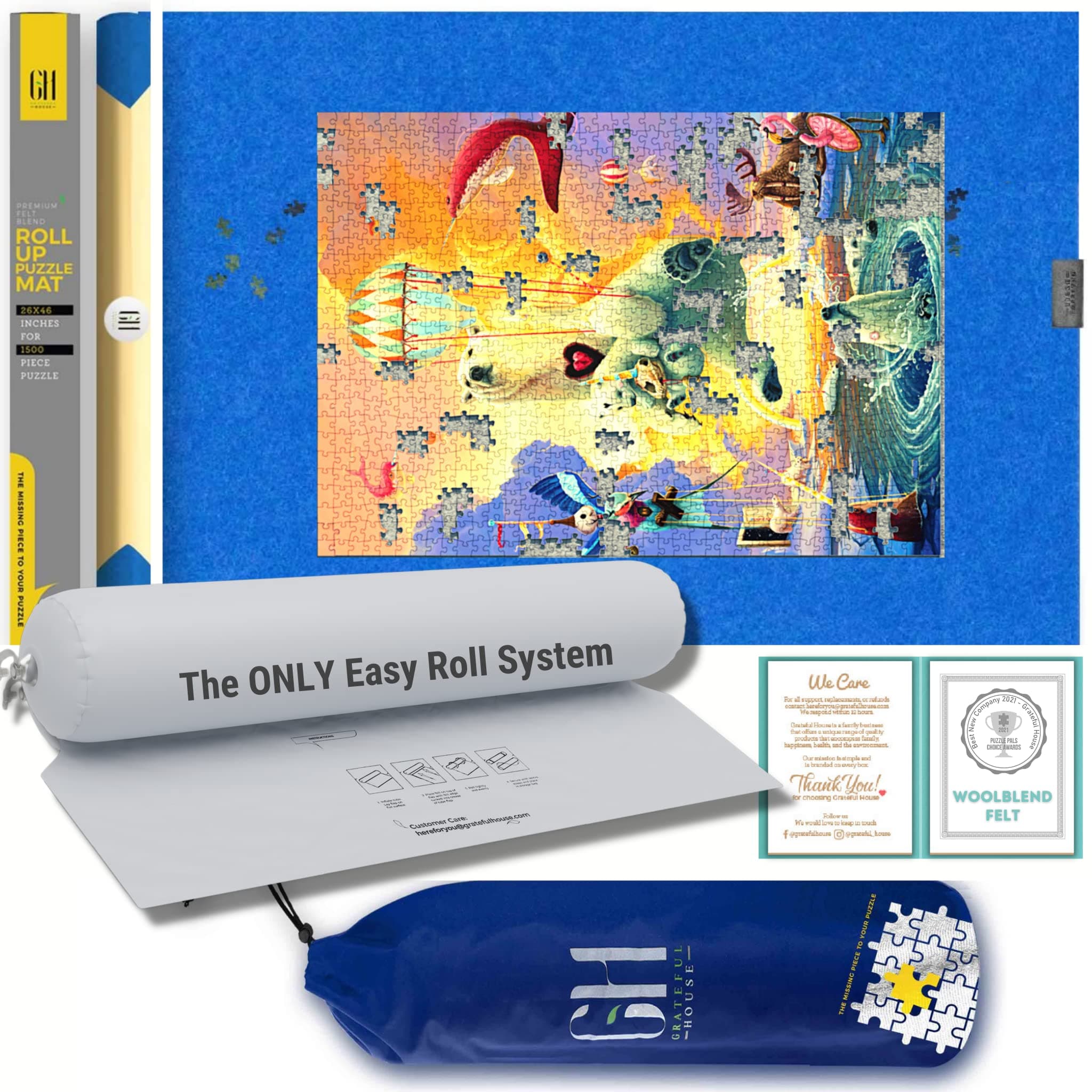 GRATEFUL HOUSE Premium Wool Blend Jigsaw Puzzle Mat roll up Storage for Puzzles. Rolled Wool Felt Not Folded. Fits 500 1000 1500 Pieces.46" x 26" Puzzle Saver mat for Puzzle Storage.