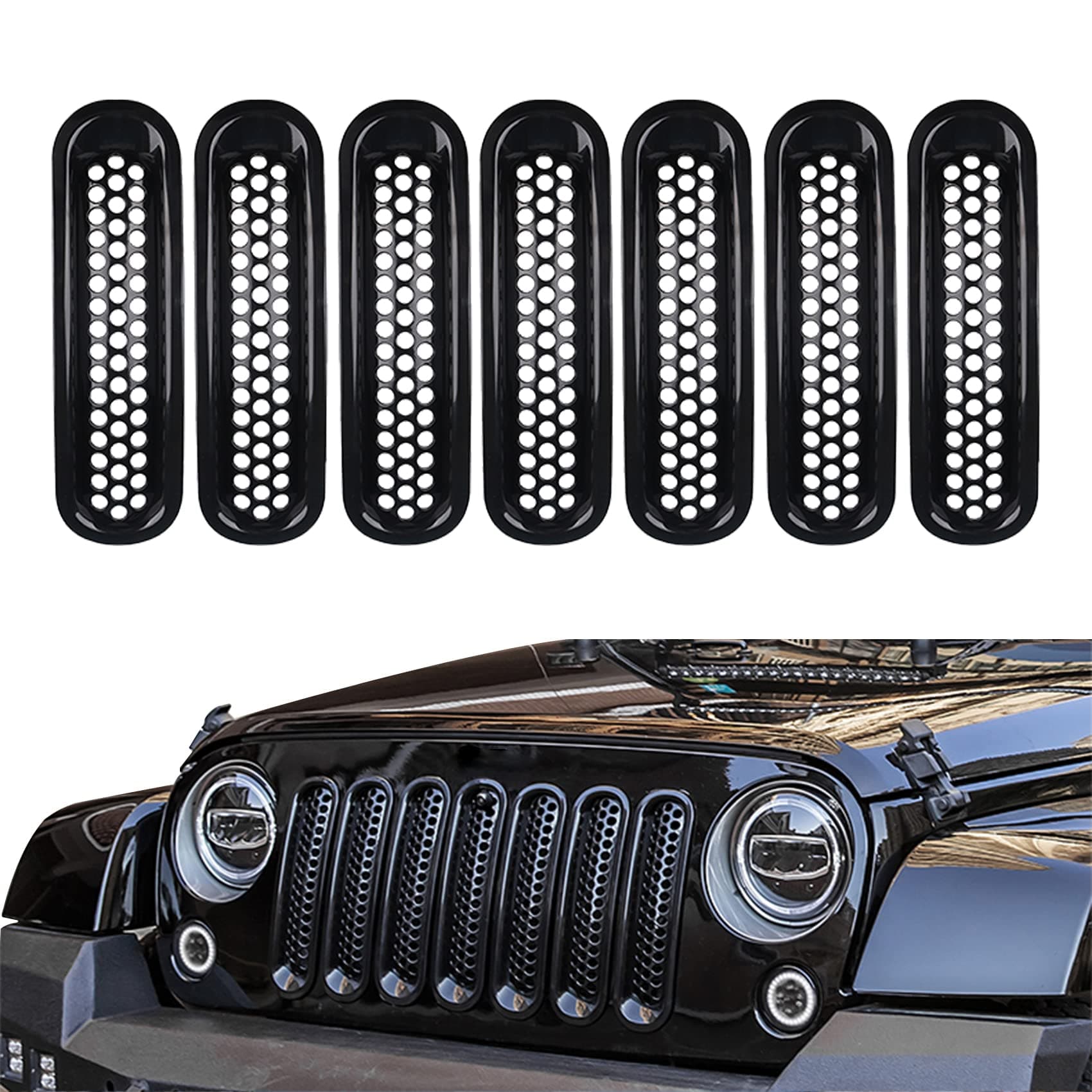 7PCS Car Grill Inserts, Black Front Mesh Grille Cover Guard Clip, Clip-on Grille Front Mesh Grille Inserts Fit for 2007-2017 Jeep Wrangler JK JKU Unlimited Sport Freedom Rubicon Sahara