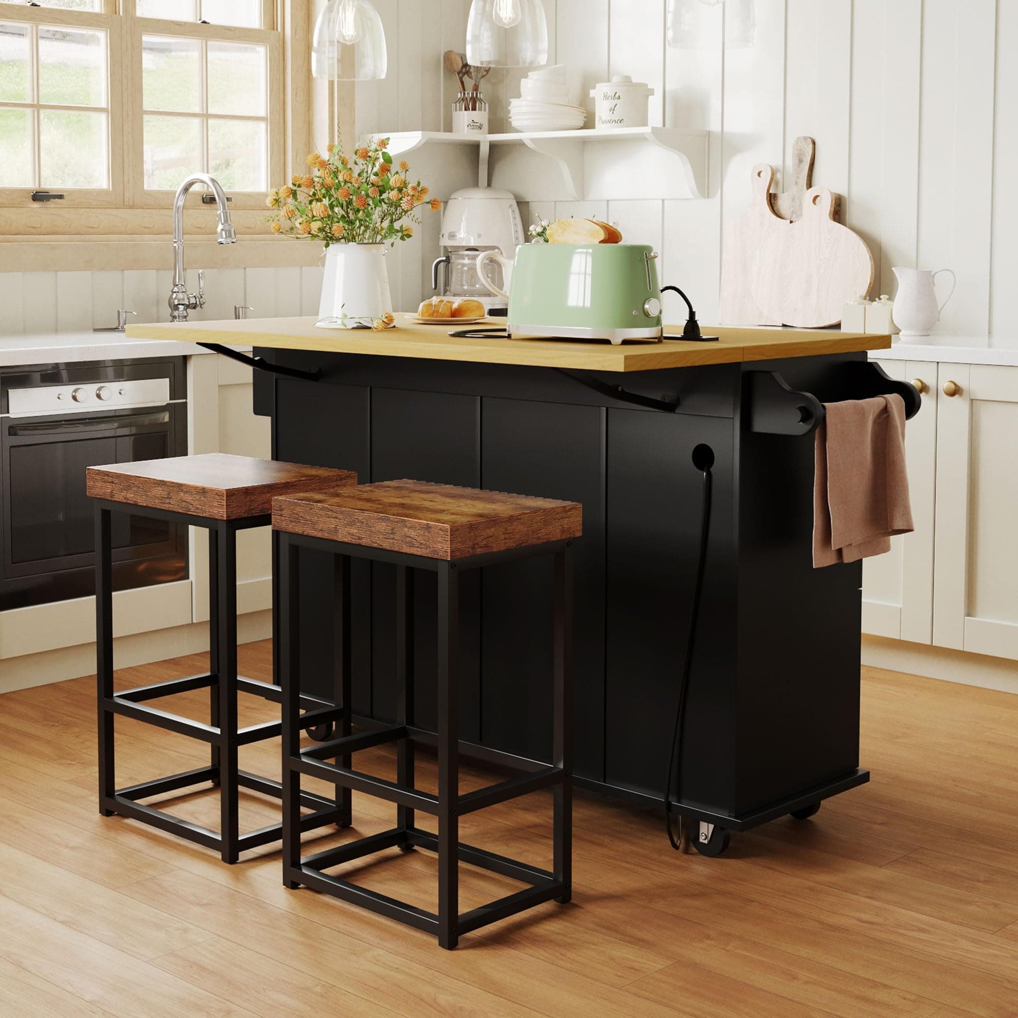 Bellemave Farmhouse Kitchen Island on Wheels with 11.8inch Drop Leaf, 2 Stools, Power Outlet,Kitchen Cart with Storage Cabinet, 2 Drawers, Door Shelves and Towel Rack(Black)