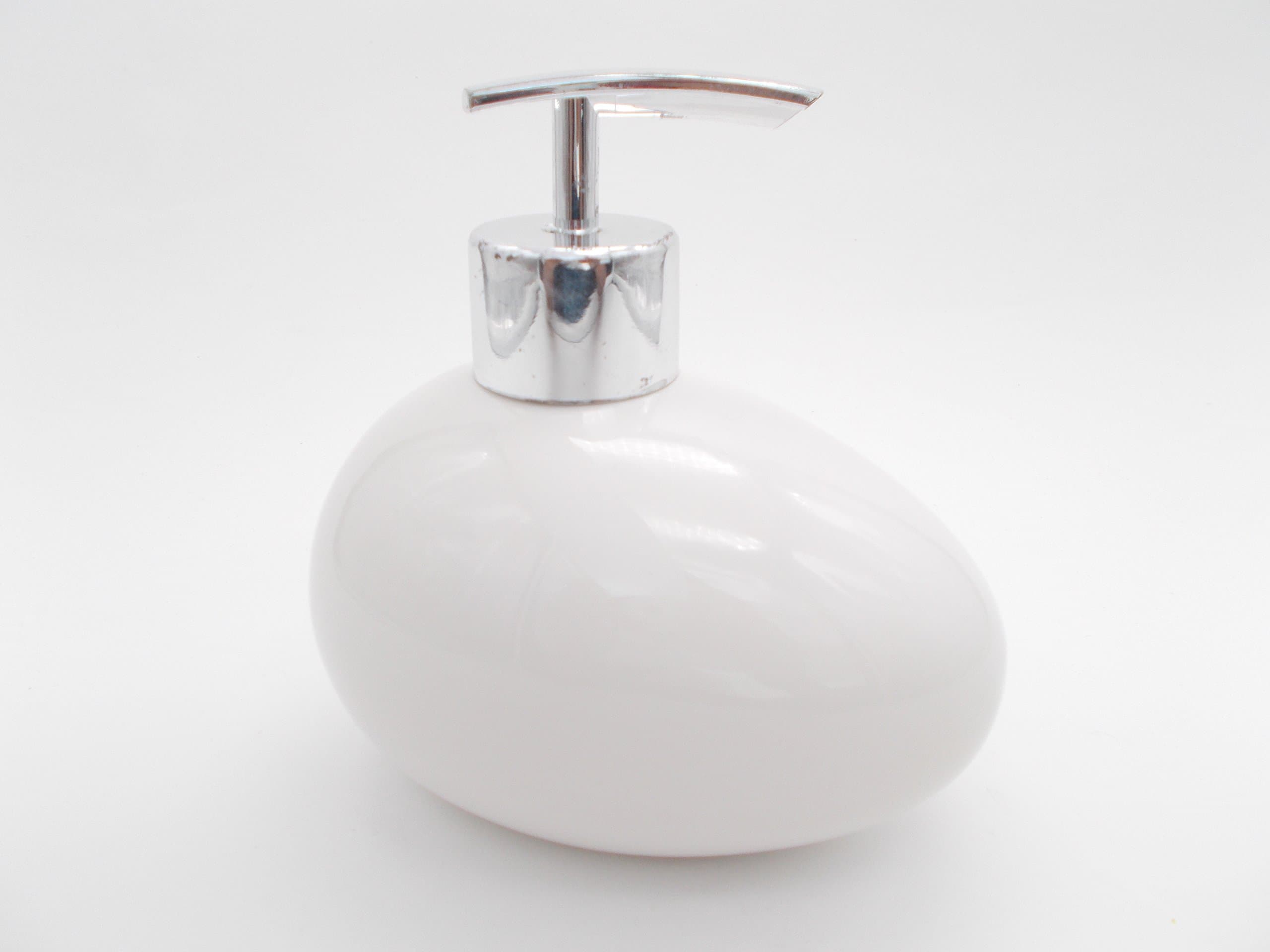 HOMIES INTERNATIONAL The Class in Piece Egg Shape Ceramic Liquid Soap Dispenser with Chrome Nozzle (250 ml, White)