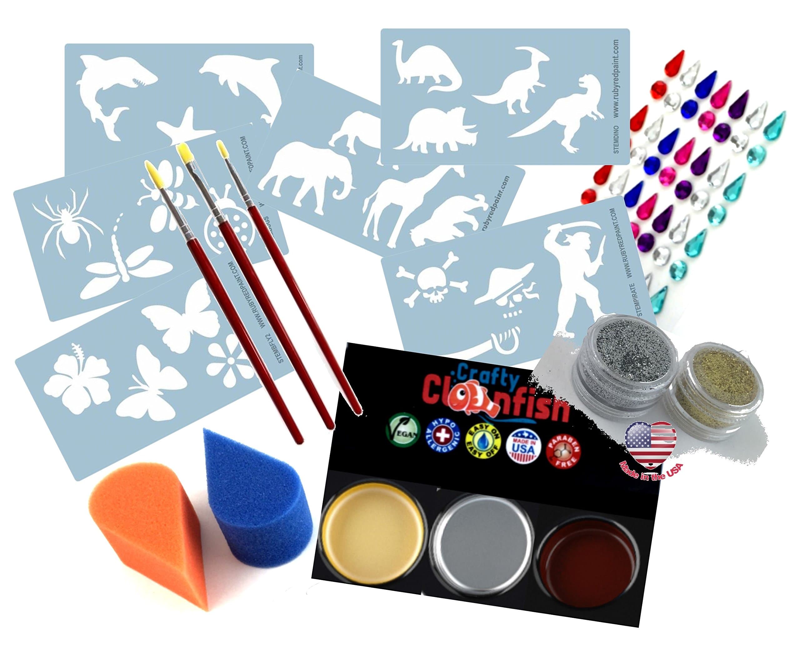 Face Paint Tool Kit & Accessories with Stencils, Brushes, Sponges, Glitter & BONUS 3 Face and Body Paints & Stick on Gems Quality Face Painting Fun for Kids & Adults