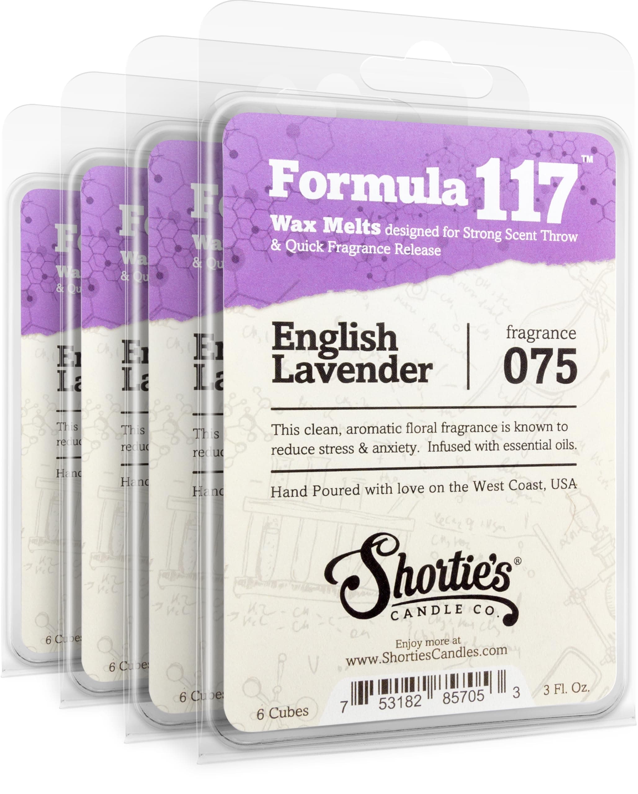 Pure English Lavender Wax Melts Bulk Pack - Formula 117 - 4 Highly Scented 3 Oz. Bars (12 Oz. Total) - Made With Essential & Natural Oils - Flower & Floral Air Freshener Cubes Collection