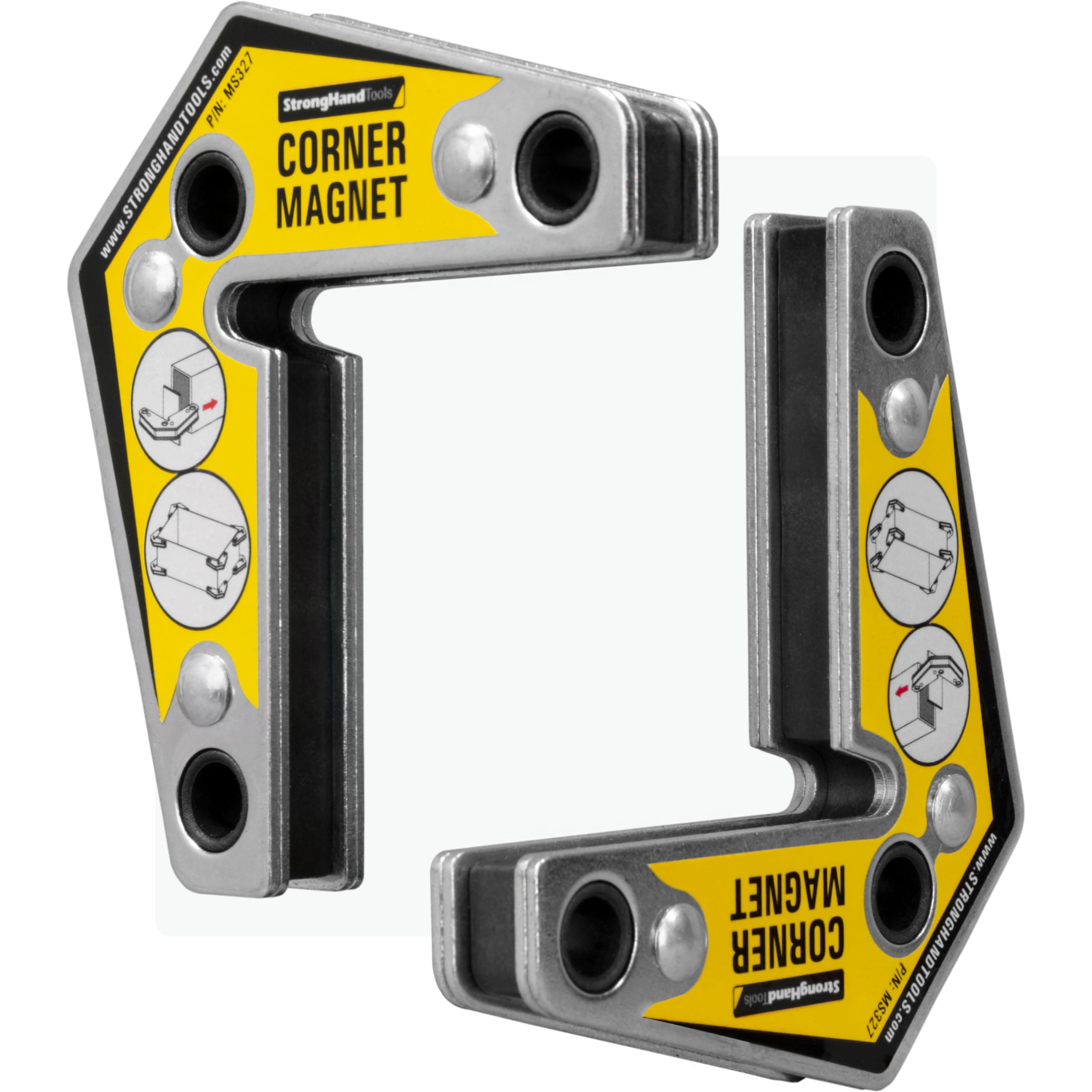 Magnetic Corner Squares, (Twin Pack), 12°, 90° & 60° Angle Setting, Max Pull Force: 30 lbs, Low Profile, 3-1/4 x 3-3/4 x 5/8″, MST327, Strong Hand Tools, Yellow, 3.25-Inch x 3.75-Inch