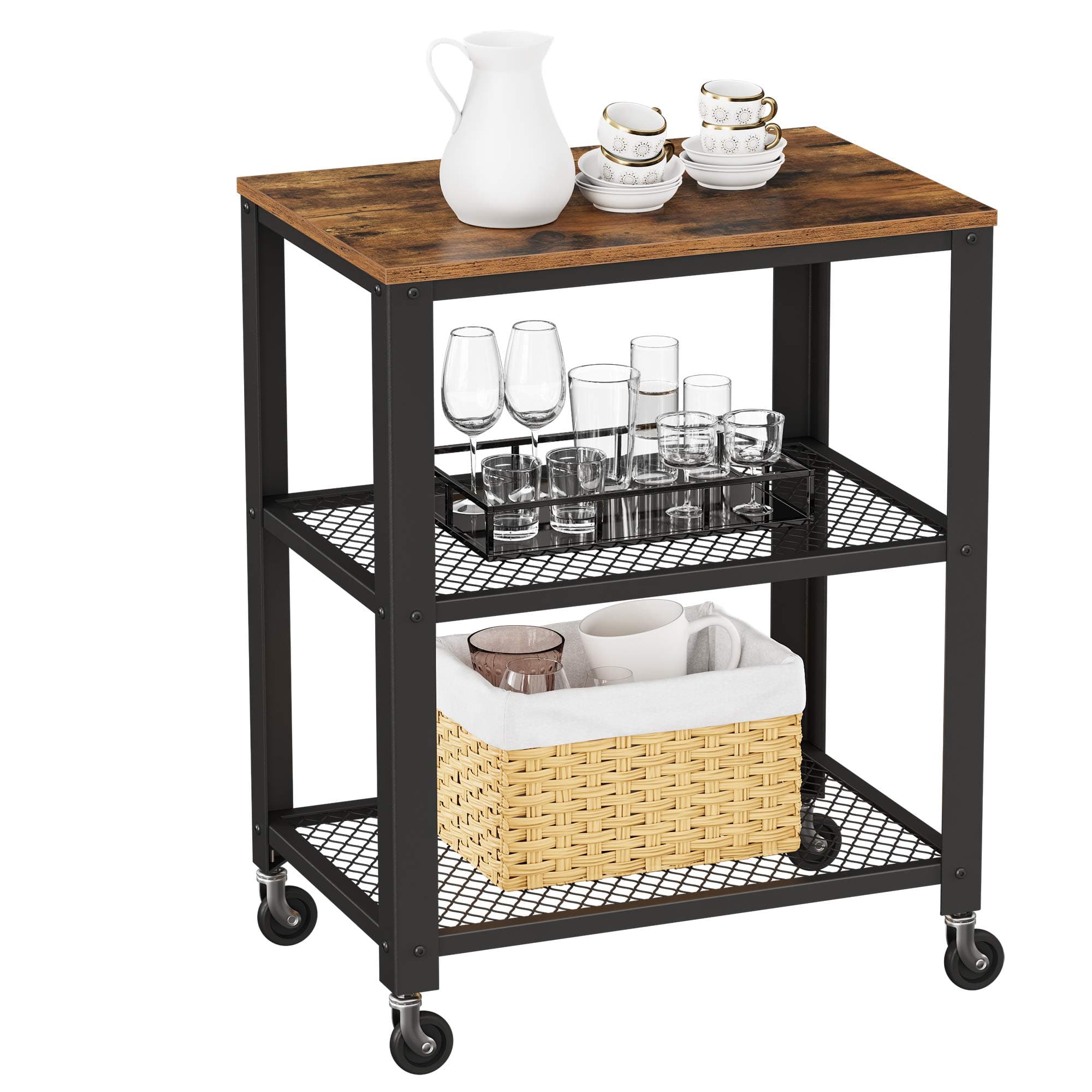 VASAGLE BRYCE Serving Cart, 3-Tier Kitchen Utility Cart on Wheels with Storage, for Living Room, Accent Furniture with Steel Frame, Industrial, Rustic Brown and Ink Black ULRC78X