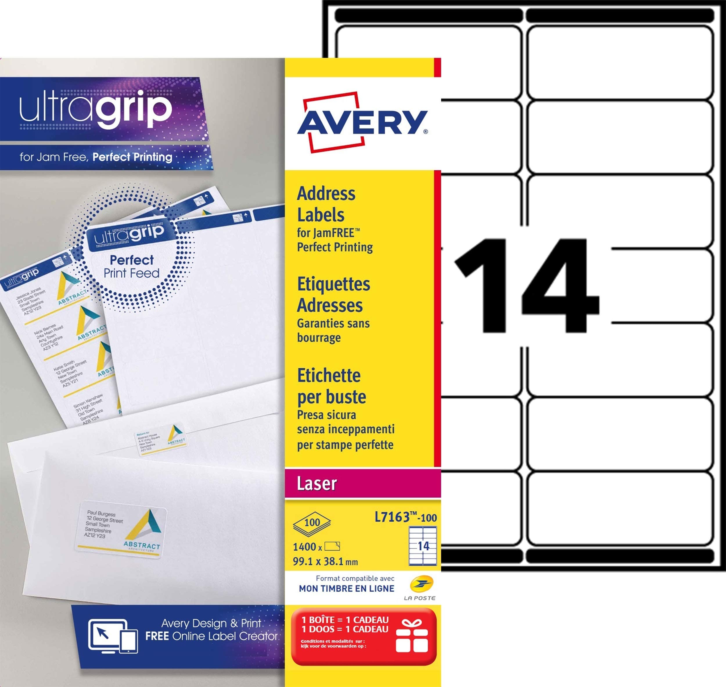 Self Adhesive Address Mailing Labels, Laser Printers, 14 Labels Per A4 Sheet, 1600 Labels, Ultragrip (L7163-100 ), White