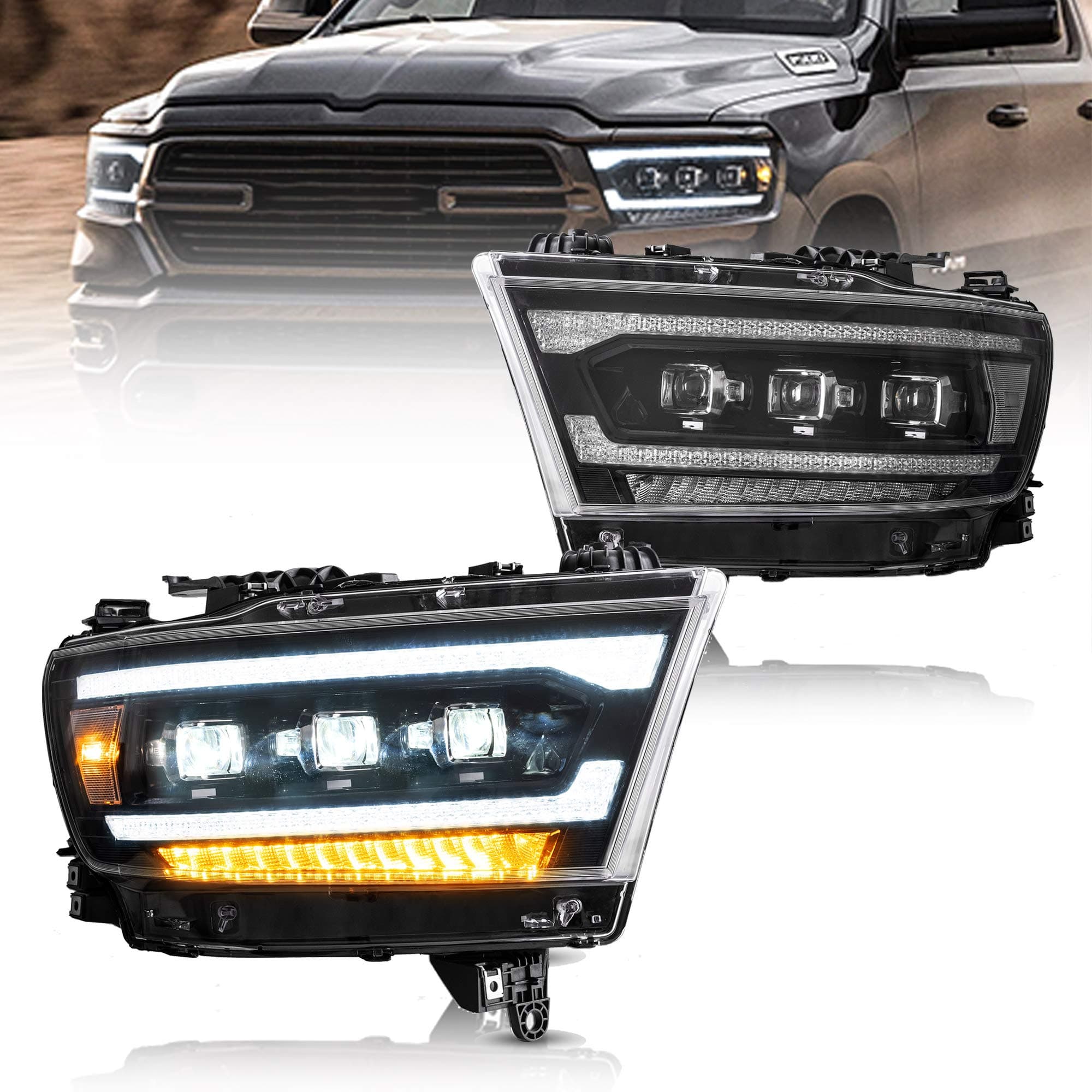 VLAND Projector Led Headlights Compatible with 2019-2024 Dodge Ram 1500 Tradesman, Bighorn, Laramie, Rebel, Lone Star (NOT FIT Classic, Limited, Longhorn, TRX) w/Switchback Clear Reflector
