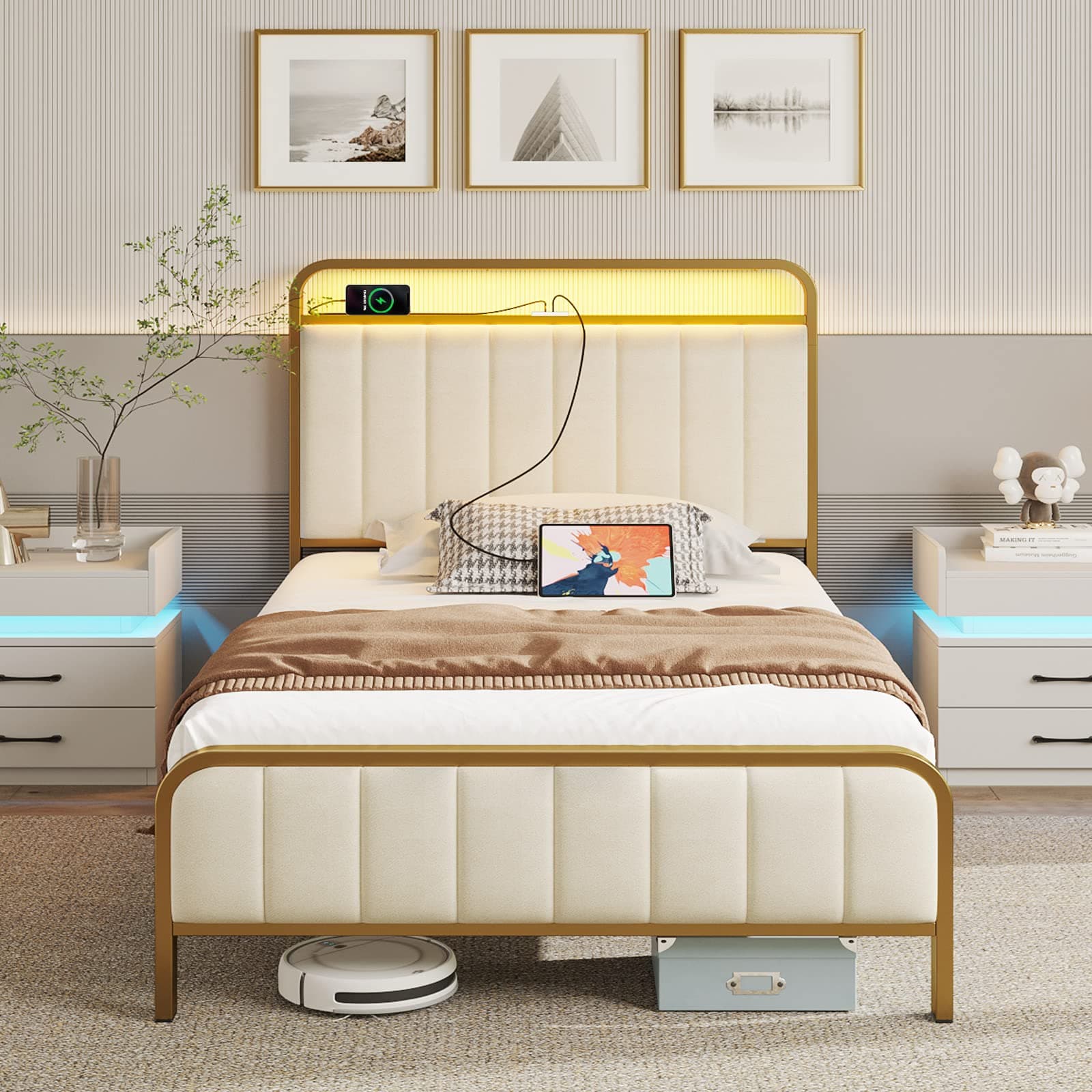 Rolanstar Twin Size Bed Frame with LED Light and Charging Station, Upholstered Headboard and Footboard, Metal Slat, Golden