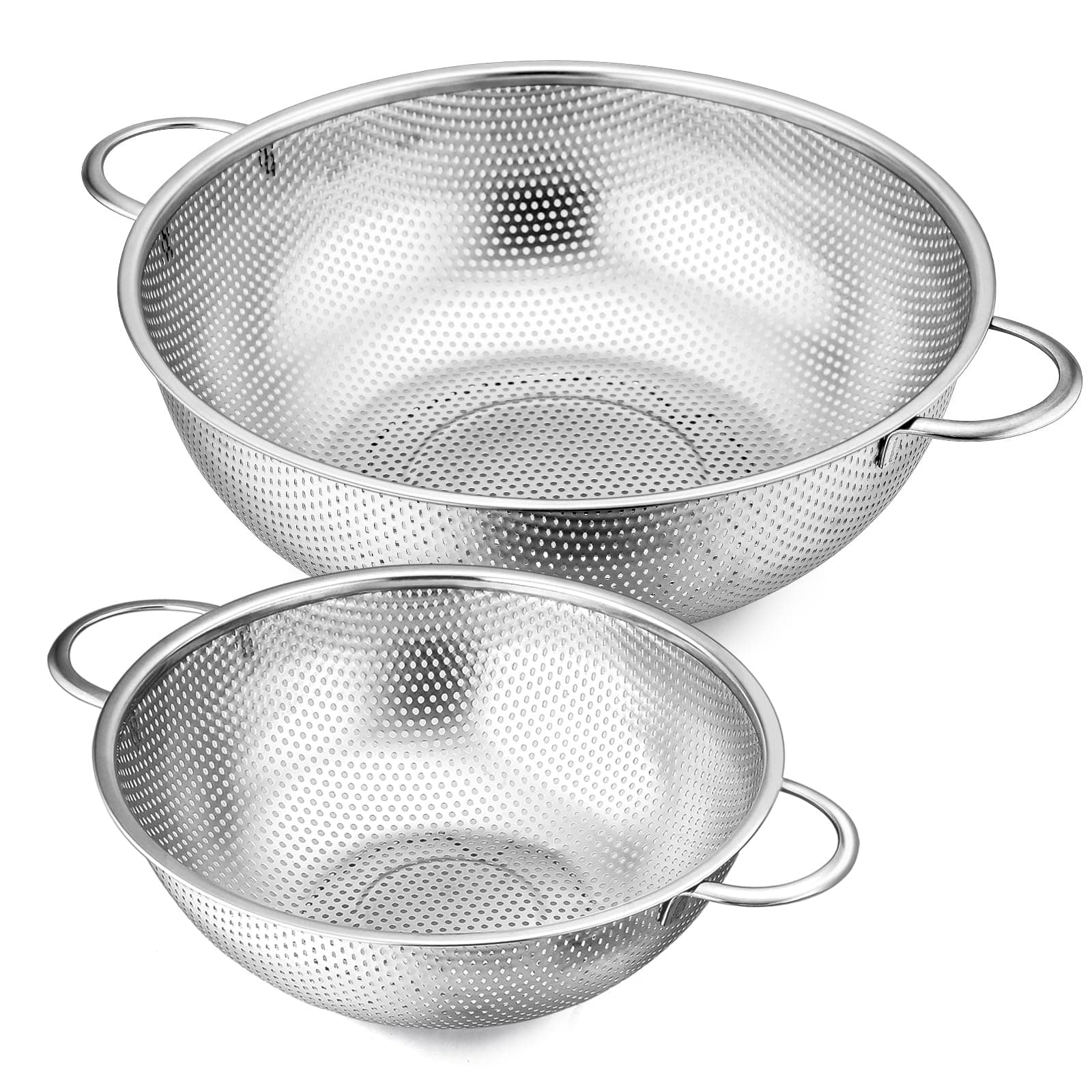 E-far 3QT & 5QT Colander Set of 2, Stainless Steel Micro-Perforated Colander Strainer with Handle for Kitchen/Draining Pasta/Rinsing Vegetables Fruits, Heavy Duty Metal & Dishwasher Safe