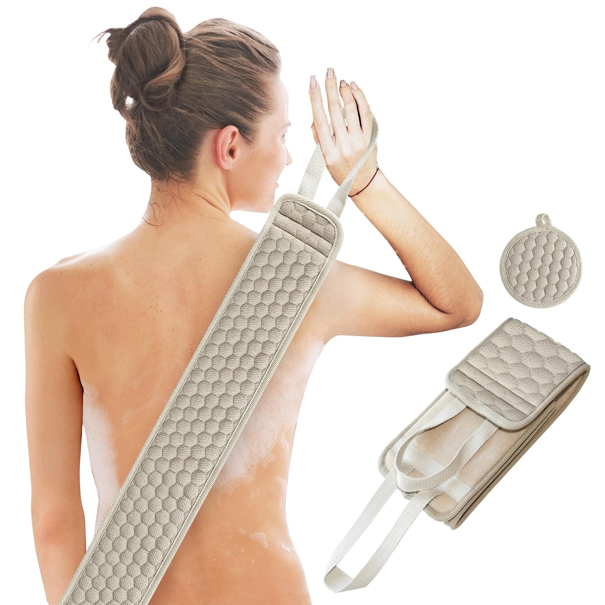 Suntee Exfoliating Back Scrubber& Exfoliating Sponge Pad Set for Shower, Bath Shower Scrubber for Women, Luffa Scrubber to Deep Clean Relax Your Body (32.5 inch Length 3.5 inch Width)