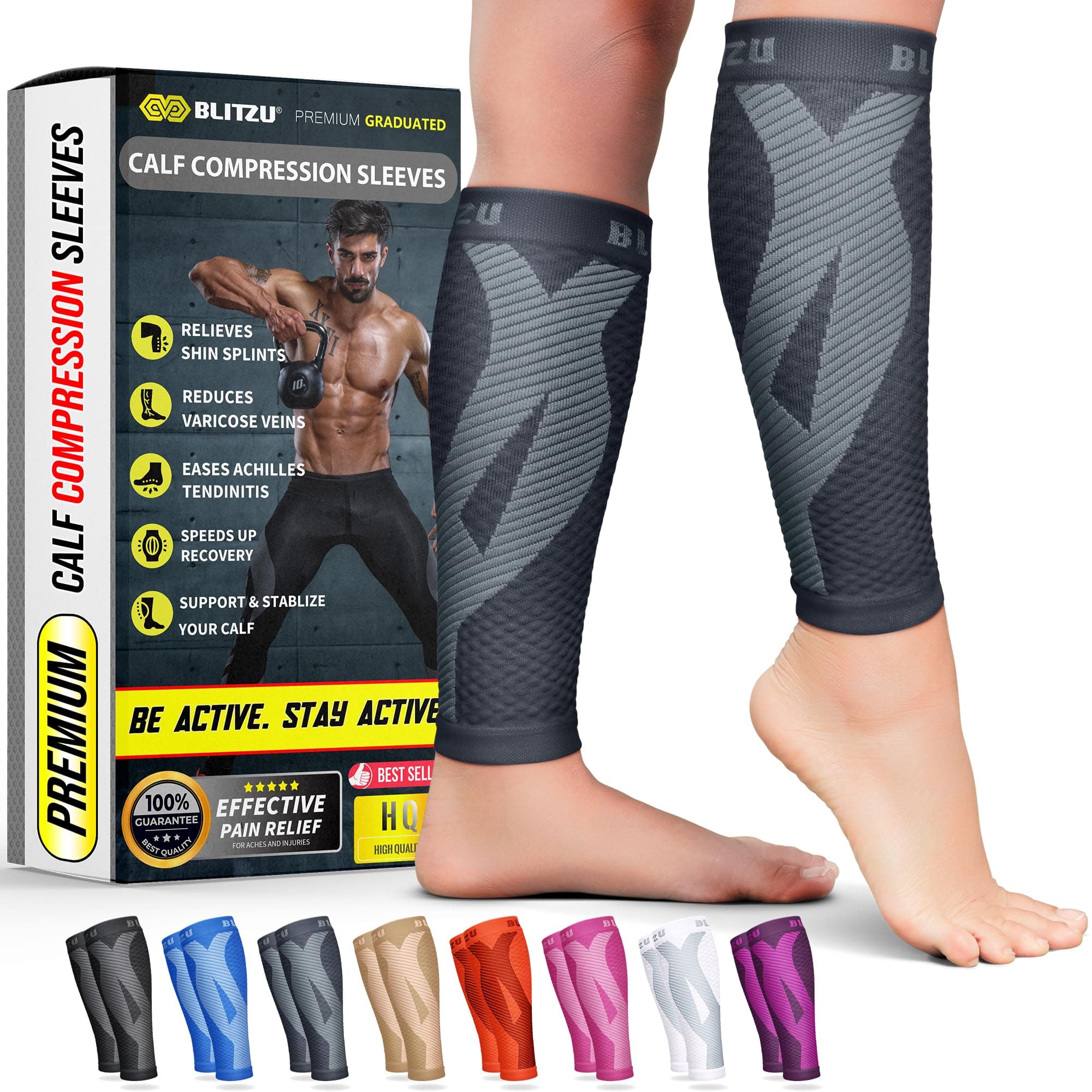 BLITZU Calf Compression Sleeve for Men & Women Footless Compression Socks Support Runners Leg Sleeve Shin Splints Pain Relief
