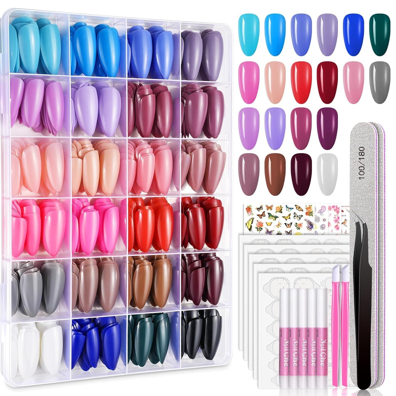 MORGLES 720PCS Almond Press on Nails Medium, 24 Colors False Nails with Glue, Adhesive Tabs, Stickers, Tweezer, 10 Sizes