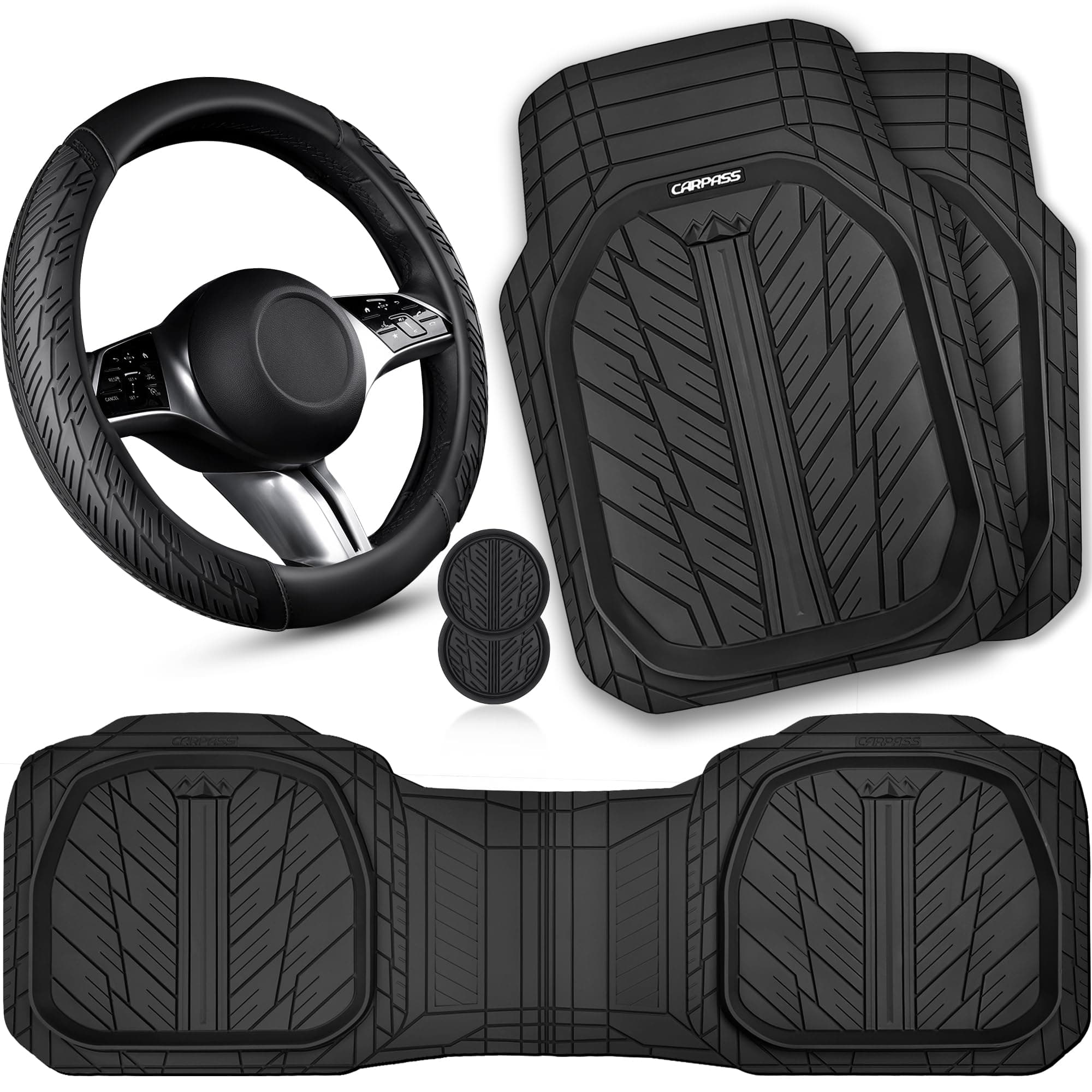 CAR PASS Leather Rubber Steering Wheel Cover 14 1/2” -15”,Tire Tread Pattern Design,Non-Slip Wear-Resistant, Heavy Duty Deep-Dish Car Floor Mats, Trim-to-Fit Car Mat,Fit for Steering Wheel Black