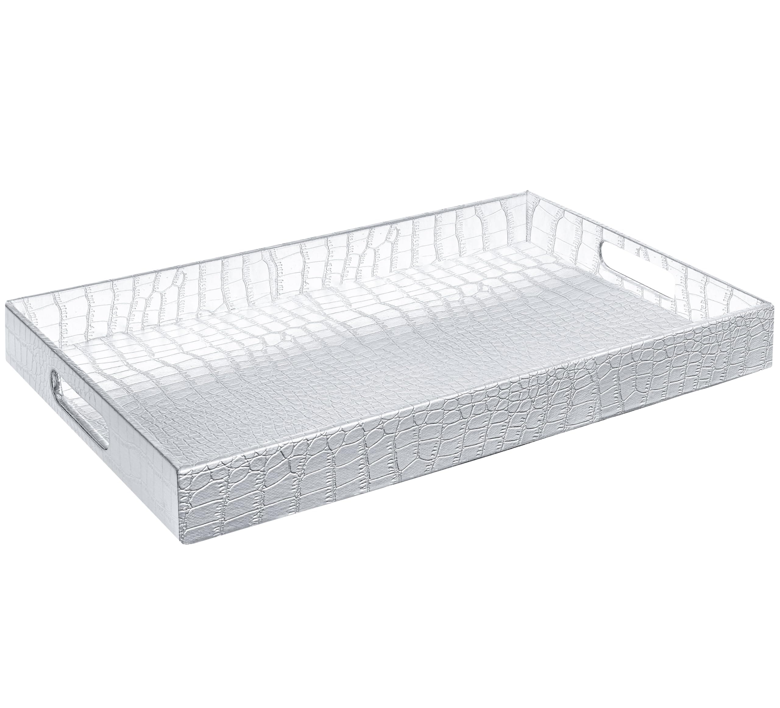 Beautiful Modern Silver 18"x12" Rectangle Glossy Alligator Croc Decorative Ottoman Coffee Table Perfume Living Dining Room Kitchen Serving Tray with Handles for All Occasion's