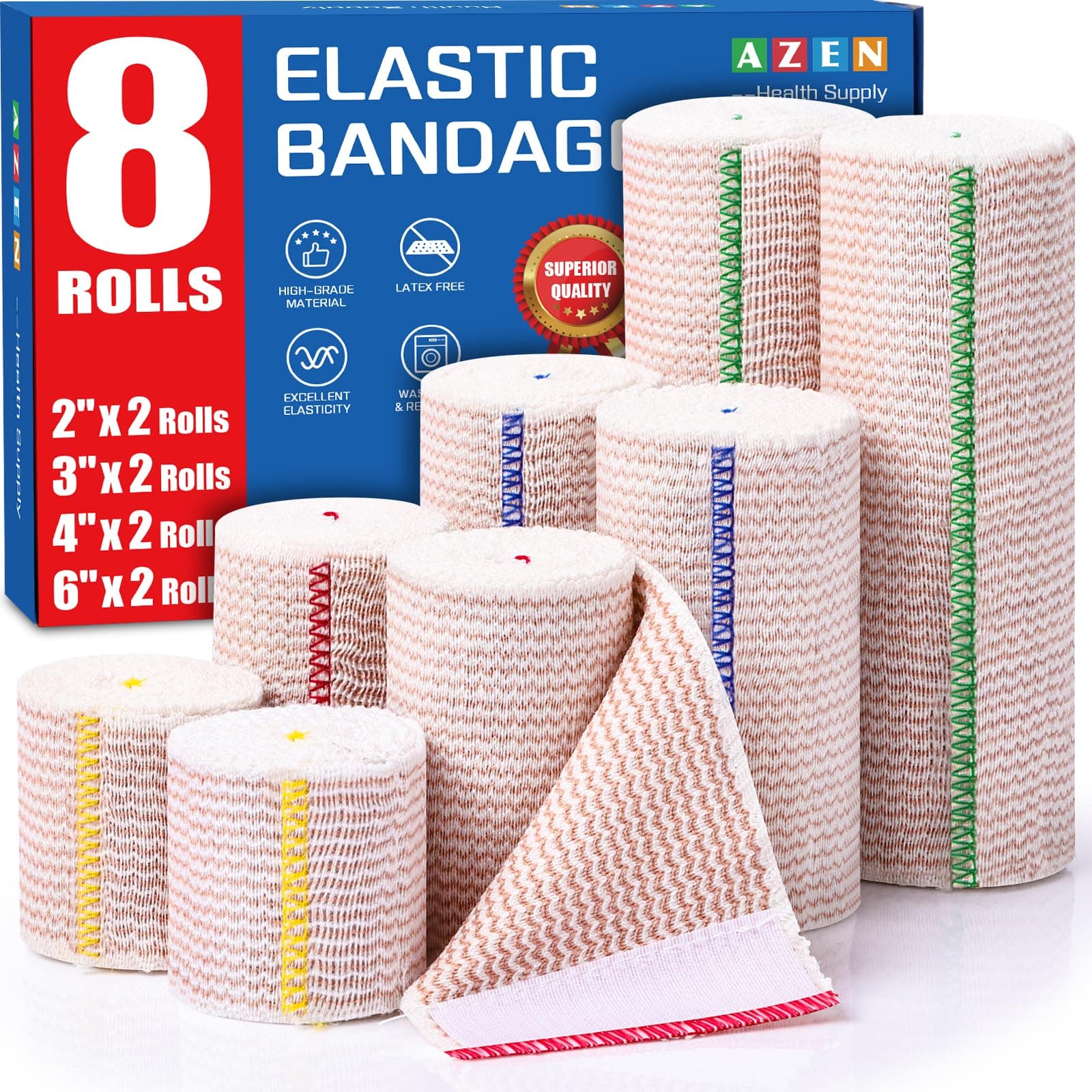 AZEN Premium 8 Pack Elastic Bandage Wrap (2x2", 2x3", 2x4", 2x6"), Compression Wrap Bandage for Legs, Ankle, Knee, Tummy, Body, Latex-Free, Lymphedema Wraps for Legs