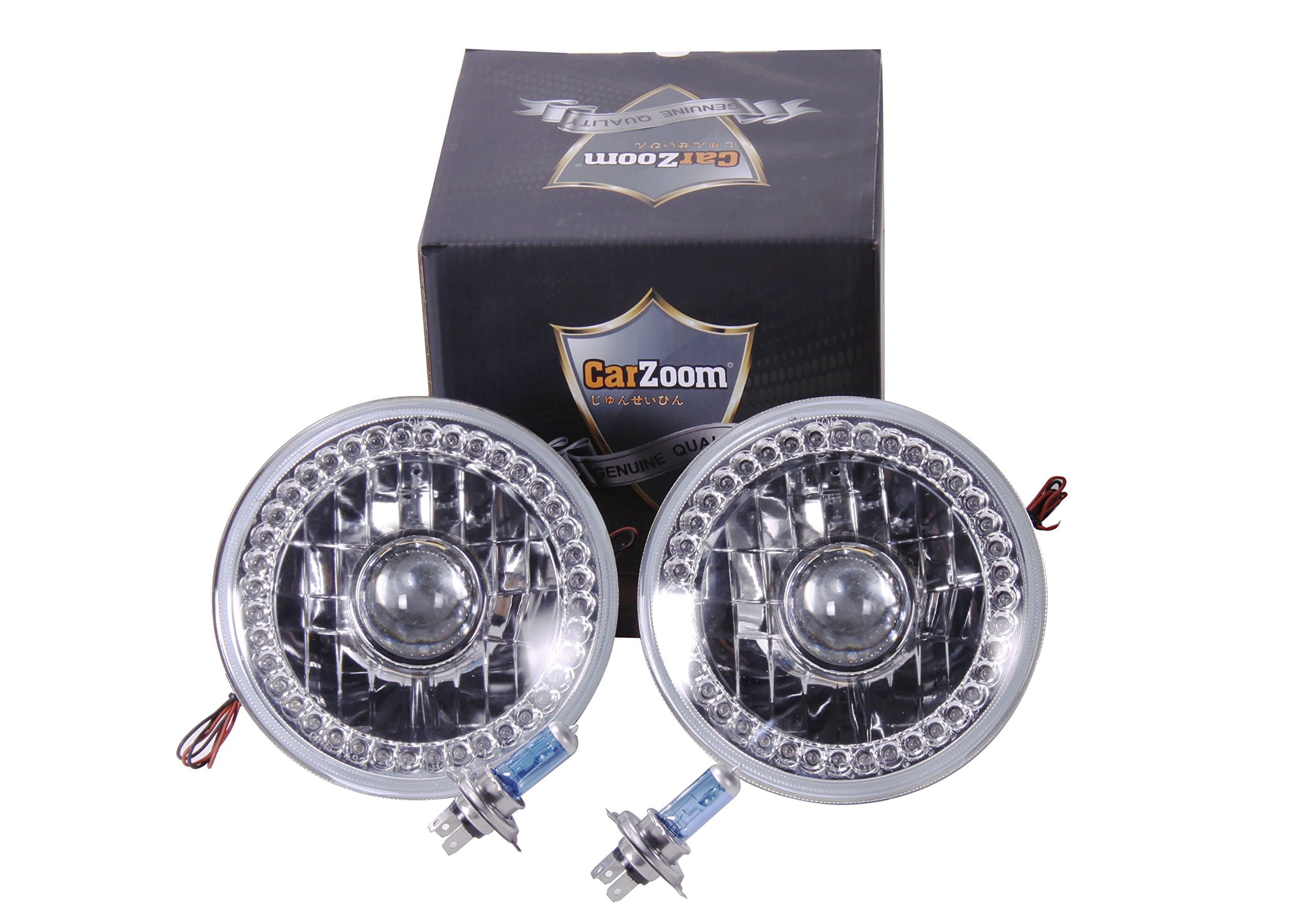 CZ-7R226R Black 7" Round Plastic H4 Halogen Headlight with Projector - Pair (Red Full Split LED)