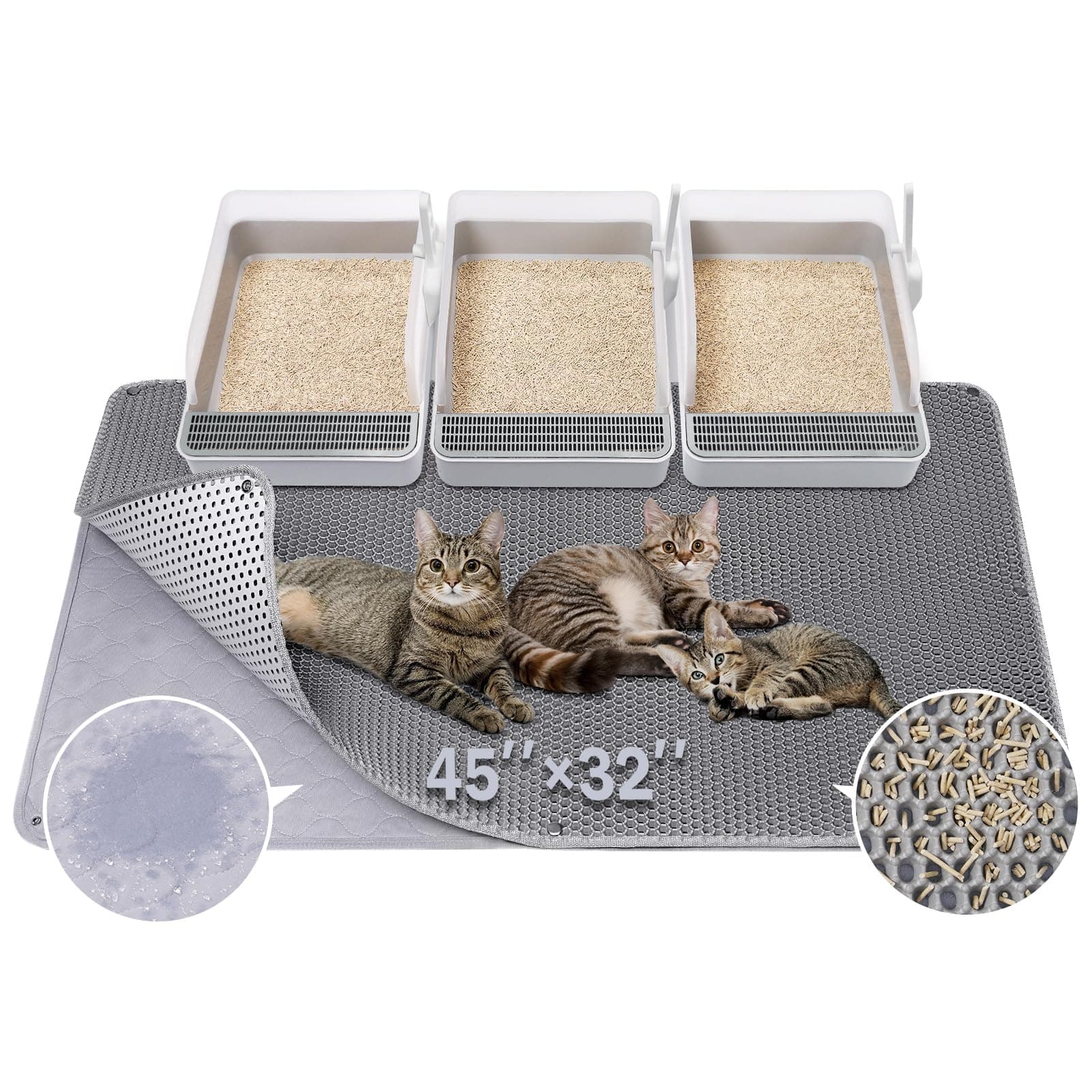 BurgeonNest 45"x32" Extra Large Cat Litter Mat, Honeycomb Double Layer Kitty Litter Trapping Mat, Urine Proof & Waterproof, Easy Clean, Machine Washable, Non-Slip, Scatter Control-Grey
