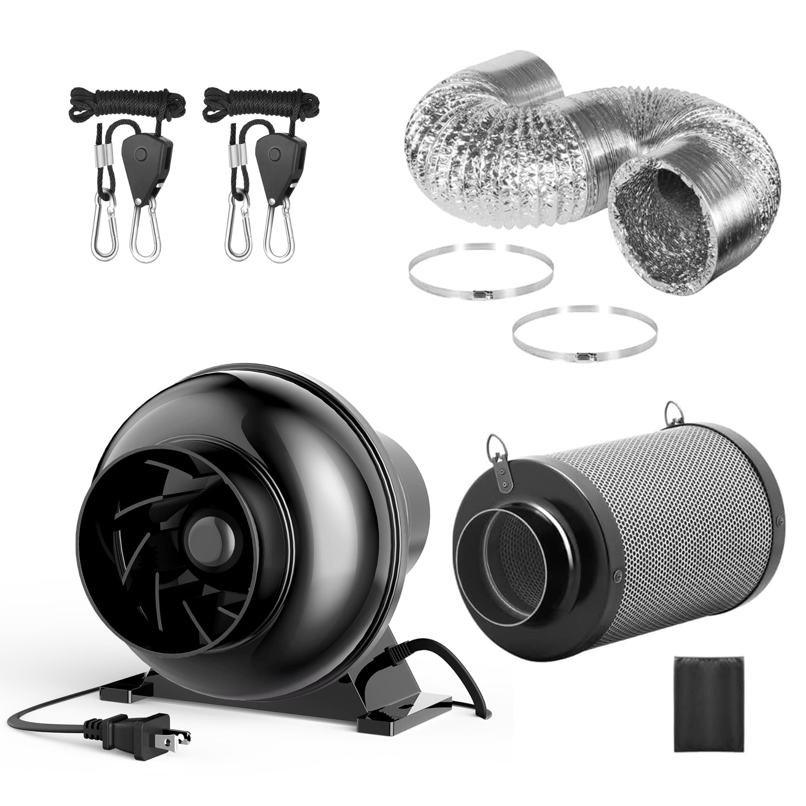 InfiniPower 4 Inch Inline Fan, 4" Black Air Carbon Filter, 8 Feet Silver Ducting Rope Hanger for Greenhouse Ventilation Equipment, Grow Tent, Basement