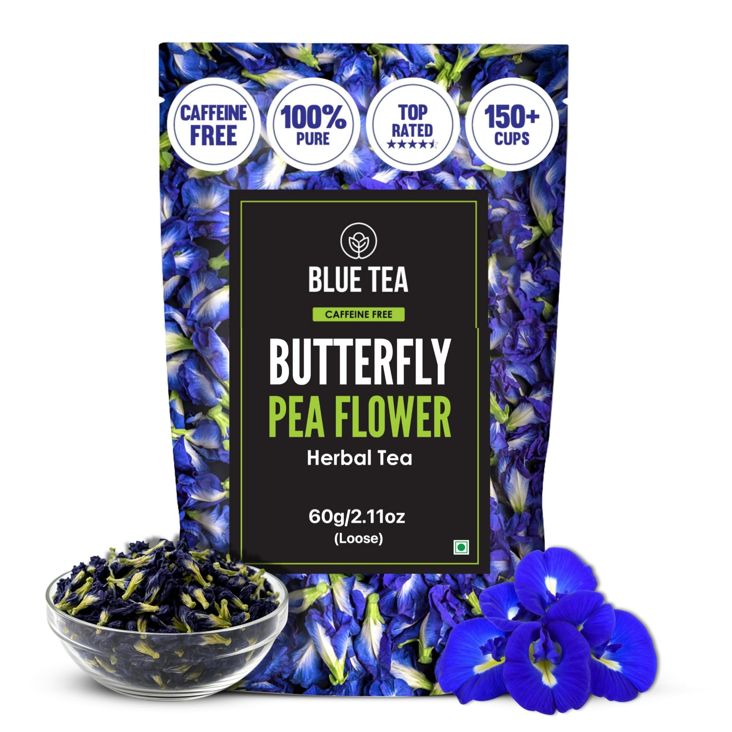BLUE TEA - Butterfly Pea Flower Tea - 2.11 Oz (150+ Cups) | Antioxidant Rich | Chemical Free - Herbal Tea - Caffeine free - Non Bitter - No Preservatives | Zipper Pack