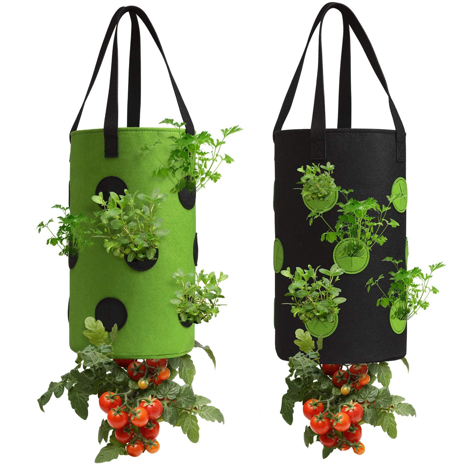 Homyhoo 2 Pack Black and Green Upside Down Tomato & Herb Planter, Hanging Durable Aeration Fabric Strawberry Planter Bags