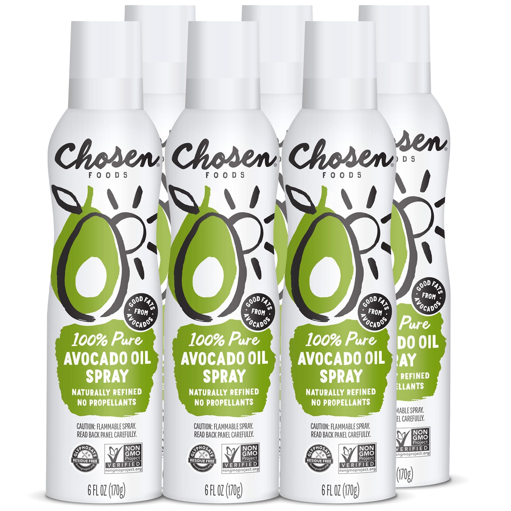 Chosen Foods 100% Pure Avocado Oil Spray 4.7 oz. (6 Pack), Non-GMO, 500° F Smoke Point, Propellant-Free, Air Pressure Only for High-Heat Cooking, Baking and Frying