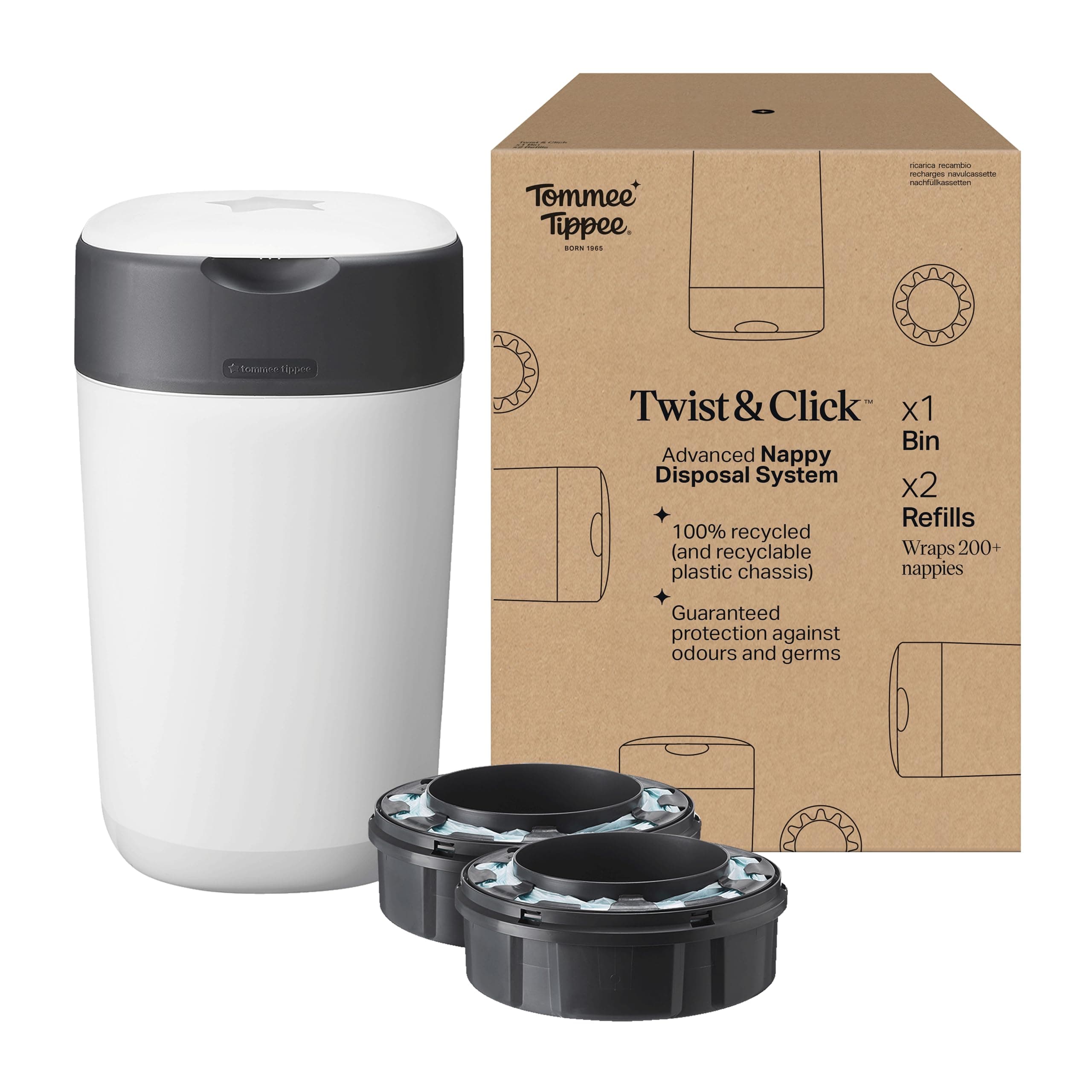 Tommee Tippee Twist & Click Nappy Bin, Exclusive Pack with 2 Refill Cassettes (1 Pre-Loaded, 1 Extra), Guaranteed Odour & Germ Protection, Large Capacity, Pack May Vary