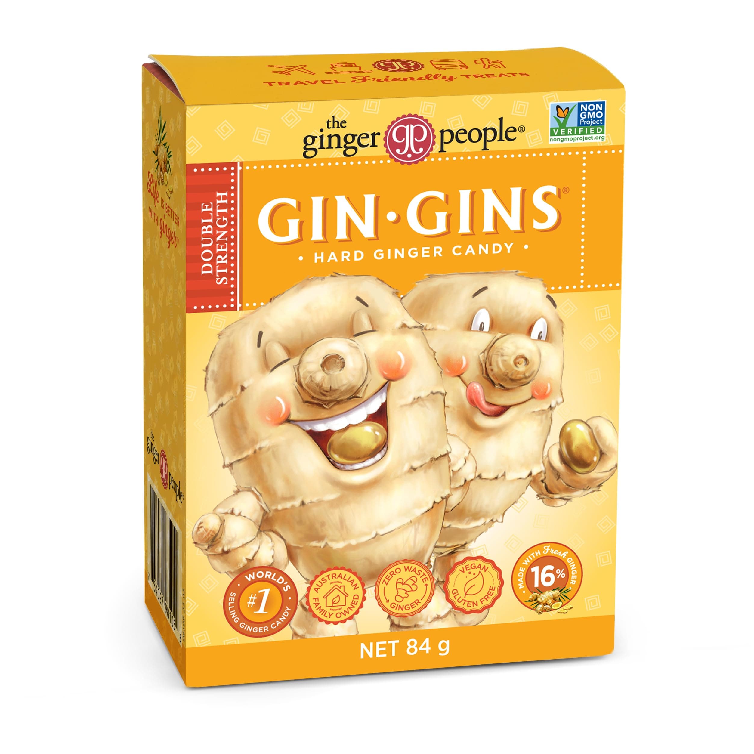 Gin Gins Double Strength Ginger Hard Candy Flavor | Natural Fresh Ginger Candy | Individually Wrapped Healthy Candy | Gluten Free | Vegan | 84 Grams