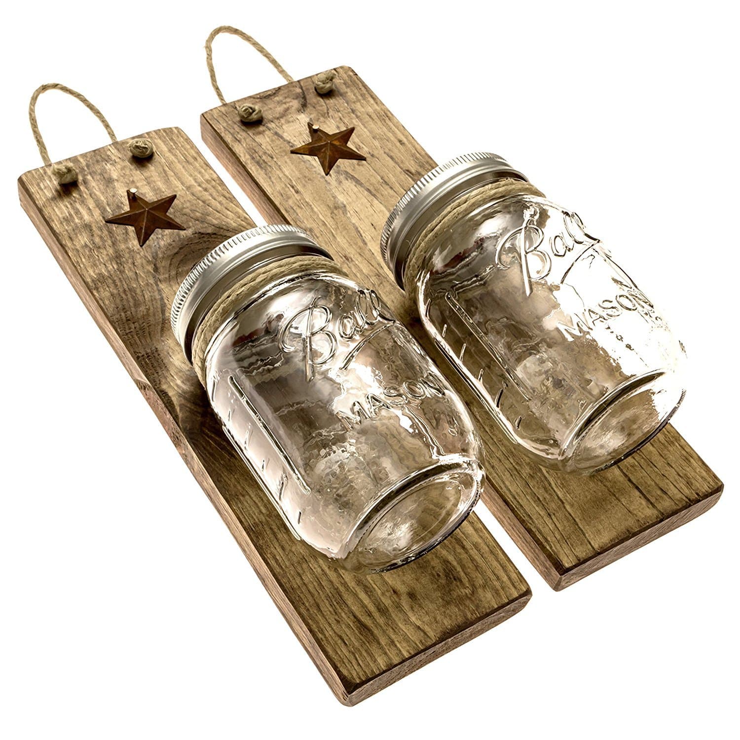 Heartful Homes Rustic Wood Bathroom Wall Decor - Pair Primitive Mason Jar Organizers -#1 Decorative Accessories Set for Country, Western, Vintage, and Outhouse Style - Toothbrush Holder (Provincial)