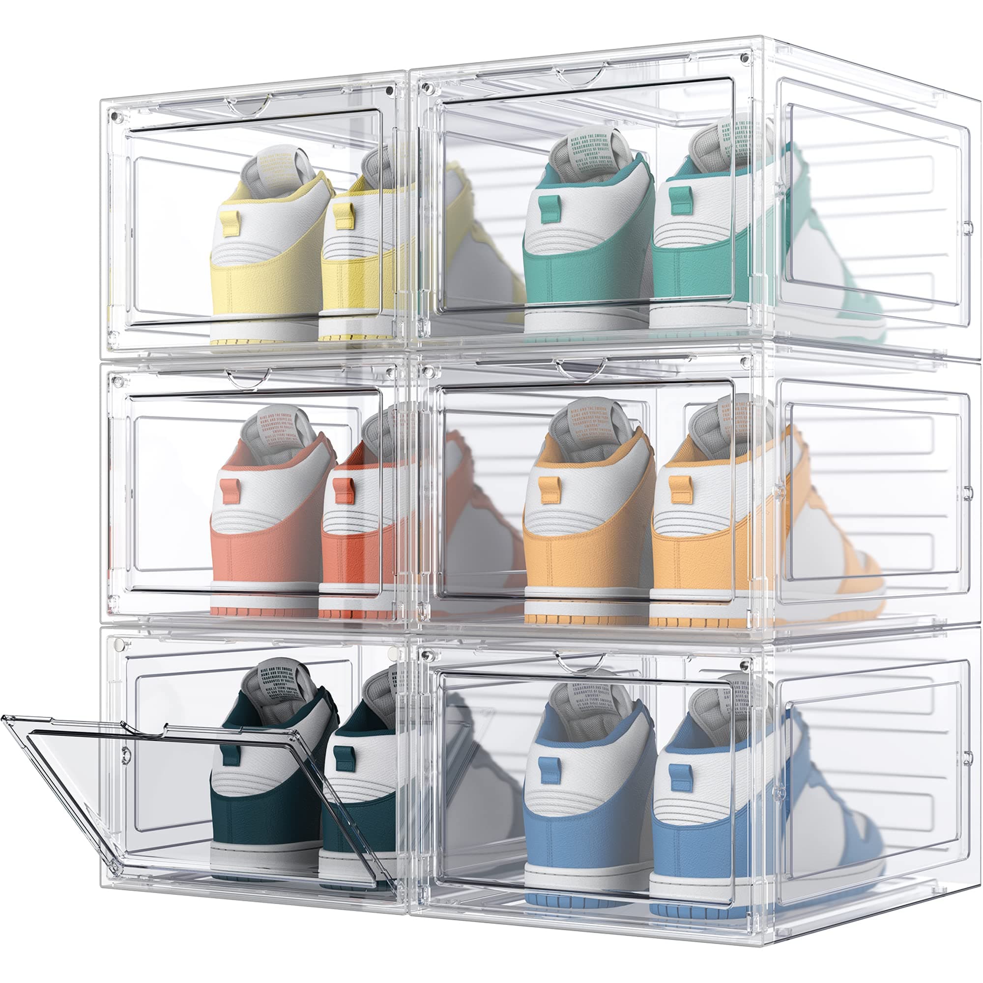 – HOMIDEC 6 pcs Shoe Boxes, Shoe Storage Box Clear Plastic Stackable, Shoe Organizer Containers with Lids for Women/Men 34.5 x 27 x 19 cm