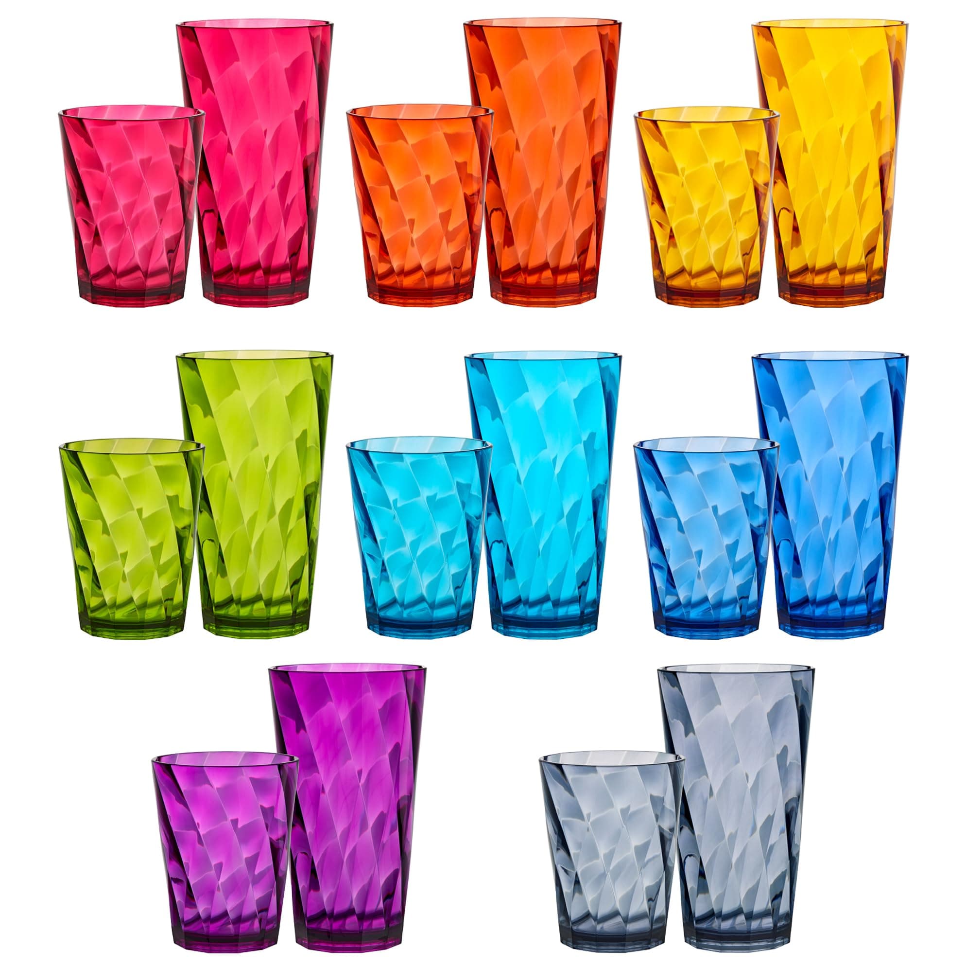 US Acrylic Optix Plastic Reusable Drinking Glasses (Set of 16) 14oz Rocks & 20oz Water Cups in Jewel Tone Colors | BPA-Free Tumblers, Made in USA | Top-Rack Dishwasher Safe