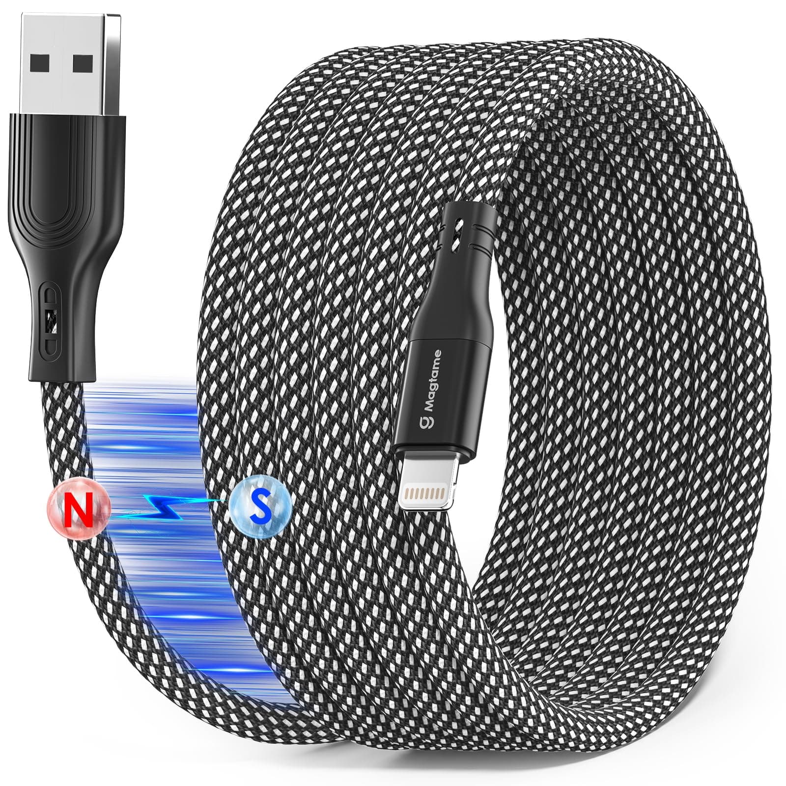 Magtame Magnetic Coiled iPhone Lightning Cable, 1.5M MFi Certified Cord Fast Charging, Tangle Free Data Transfer Cord Braided Compatible with iPhone 14 13 12 11 Pro Max XR XS X 8 Plus Black