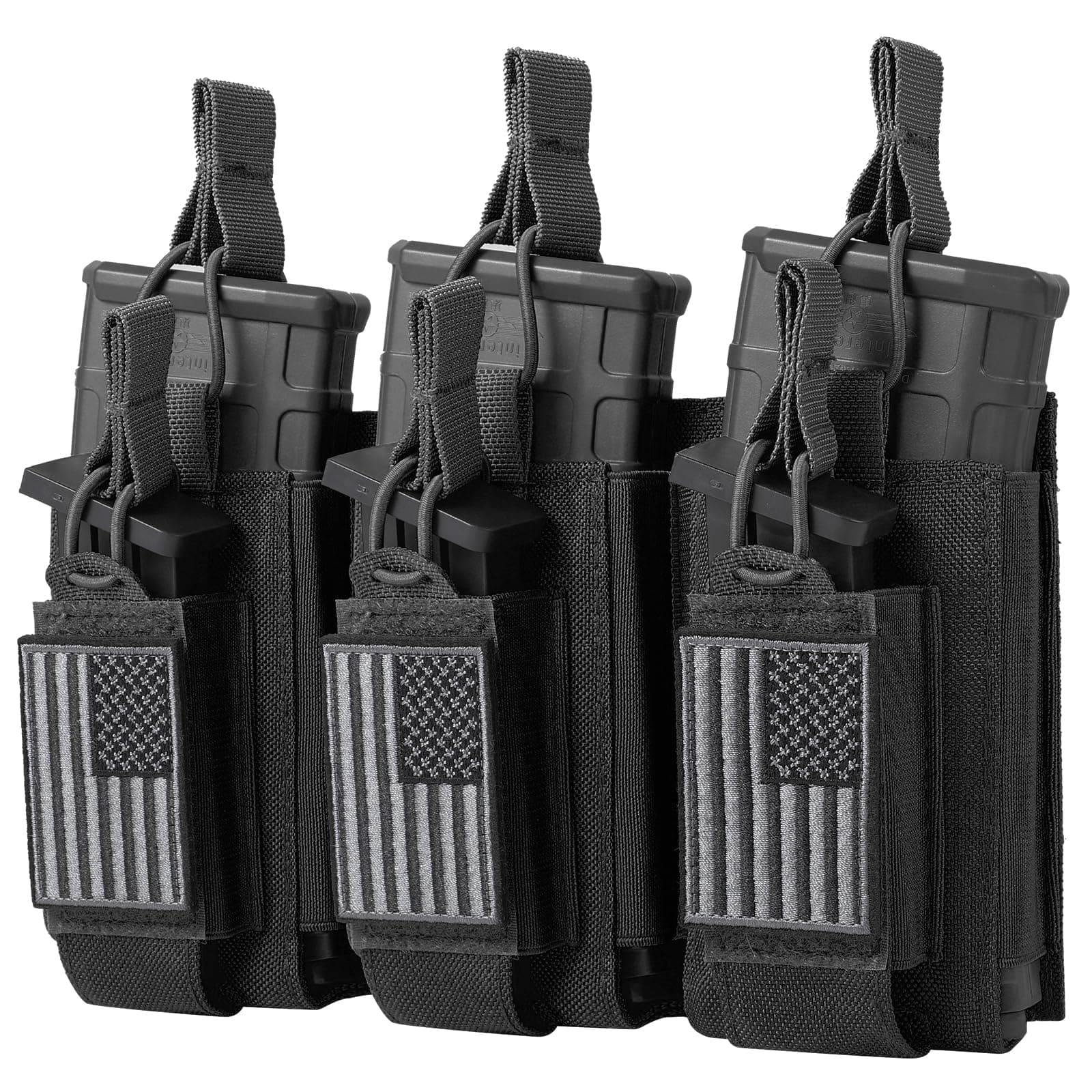 Open-Top Single/Double/Triple Molle Mag Pouch for 5.56mm M4 M16 AK AR Glock M1911 9mm Elastic Rifle Magazines Pistol Mag Pouches Holder Carrier with USA Flag Patch