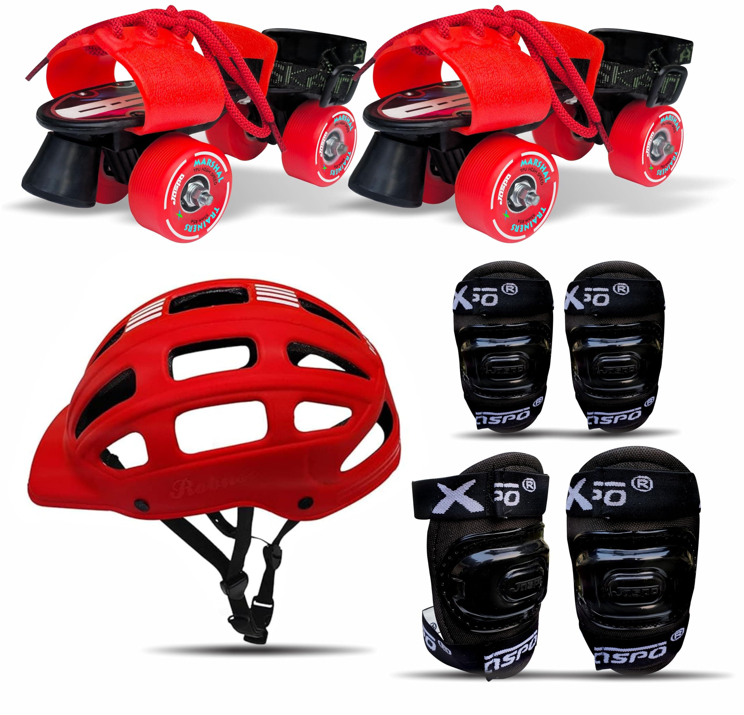 jaspo Marshal Trainers Adjustable Roller Skates Combo (Skates + Helmet + Knee & Elbow Guards), For Age Group 6 To 14 Years, Academy & School Level Skating, Unisex_Youth, Speed_Wheel (Red)