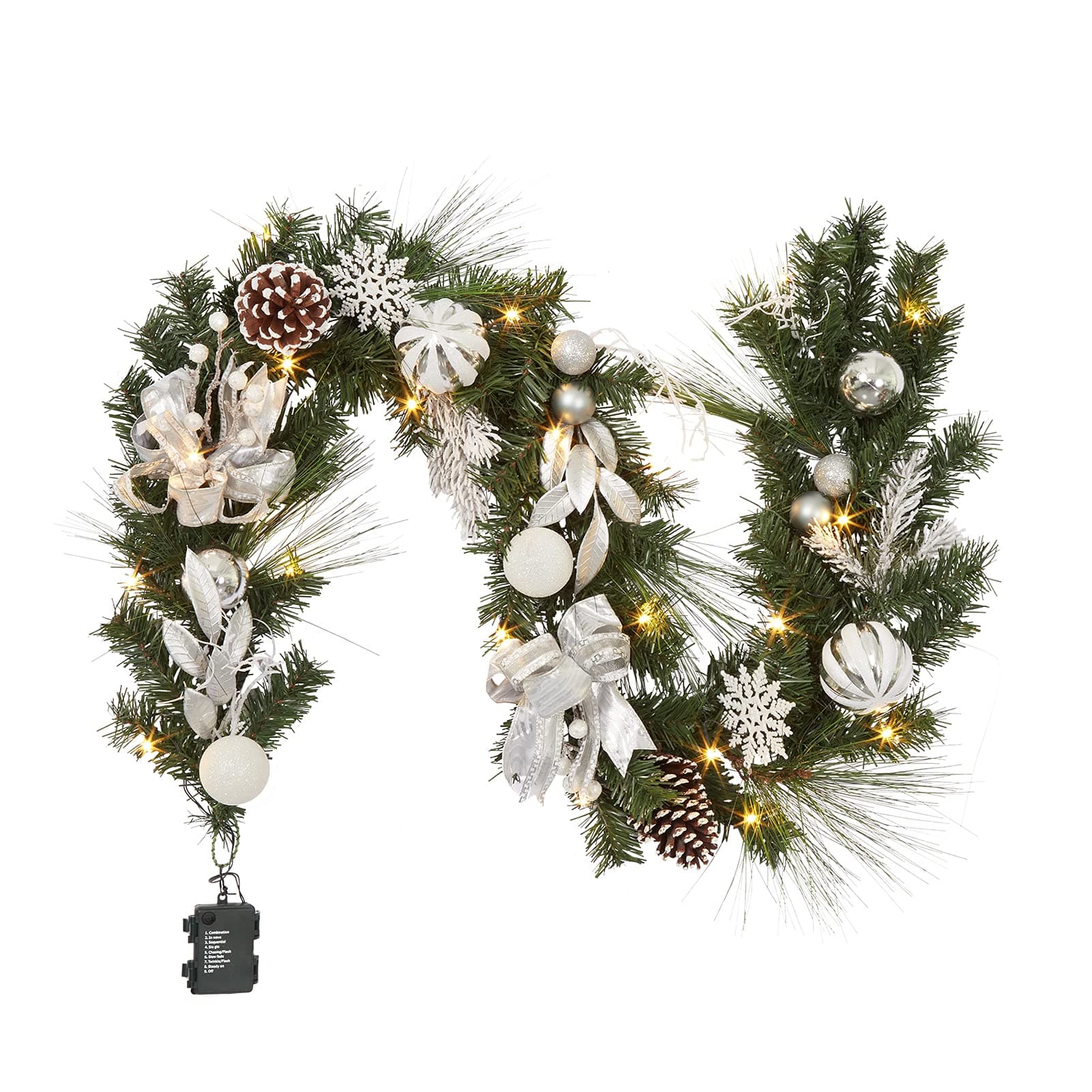AdeeingChristmas Garland with Lights, 6 ft Pre-lit Silver White Christmas Garland with Ball Ornaments Pine Cones Berries Battery Operated Lights for Indoor Outdoor Fireplace Staircase Decoration