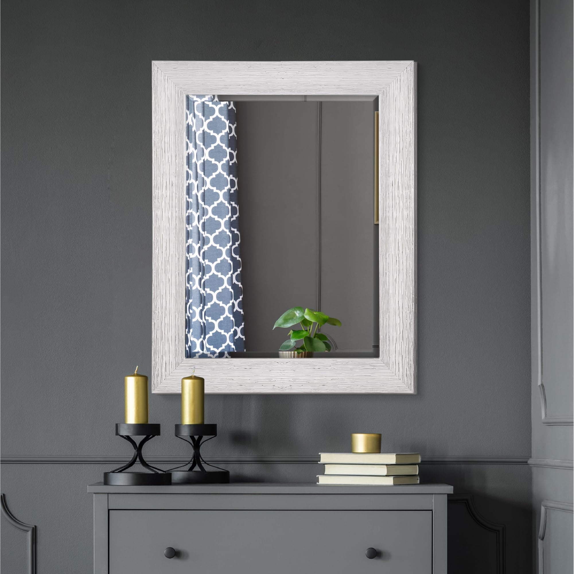 Head West Chrome & White Wood-Grain Textured Beveled Framed Wall Mirror, Decorative Rectangular Wall Mirrors for Bathroom Sink, Bedroom, Living Room, and Entryway, 27"x33"
