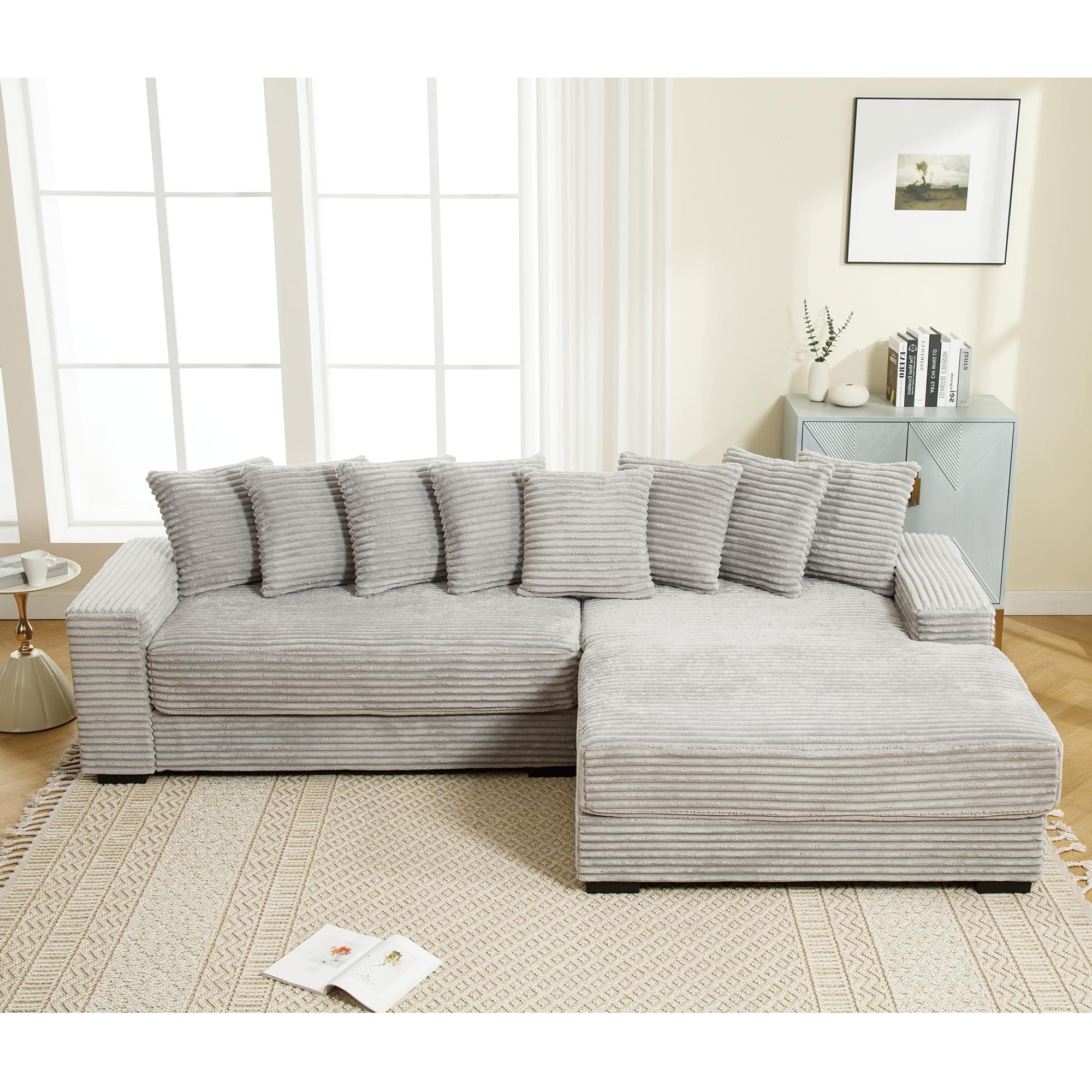 WILLIAMSPACE 111" Sectional Sofa Couch for Living Room, Modern Upholstered L-Shape Sofa 3 Seater Couch with Chaise & Pillows, Contemporary Corner Sofa for Apartment, Corduroy (Right-Facing,Gray)