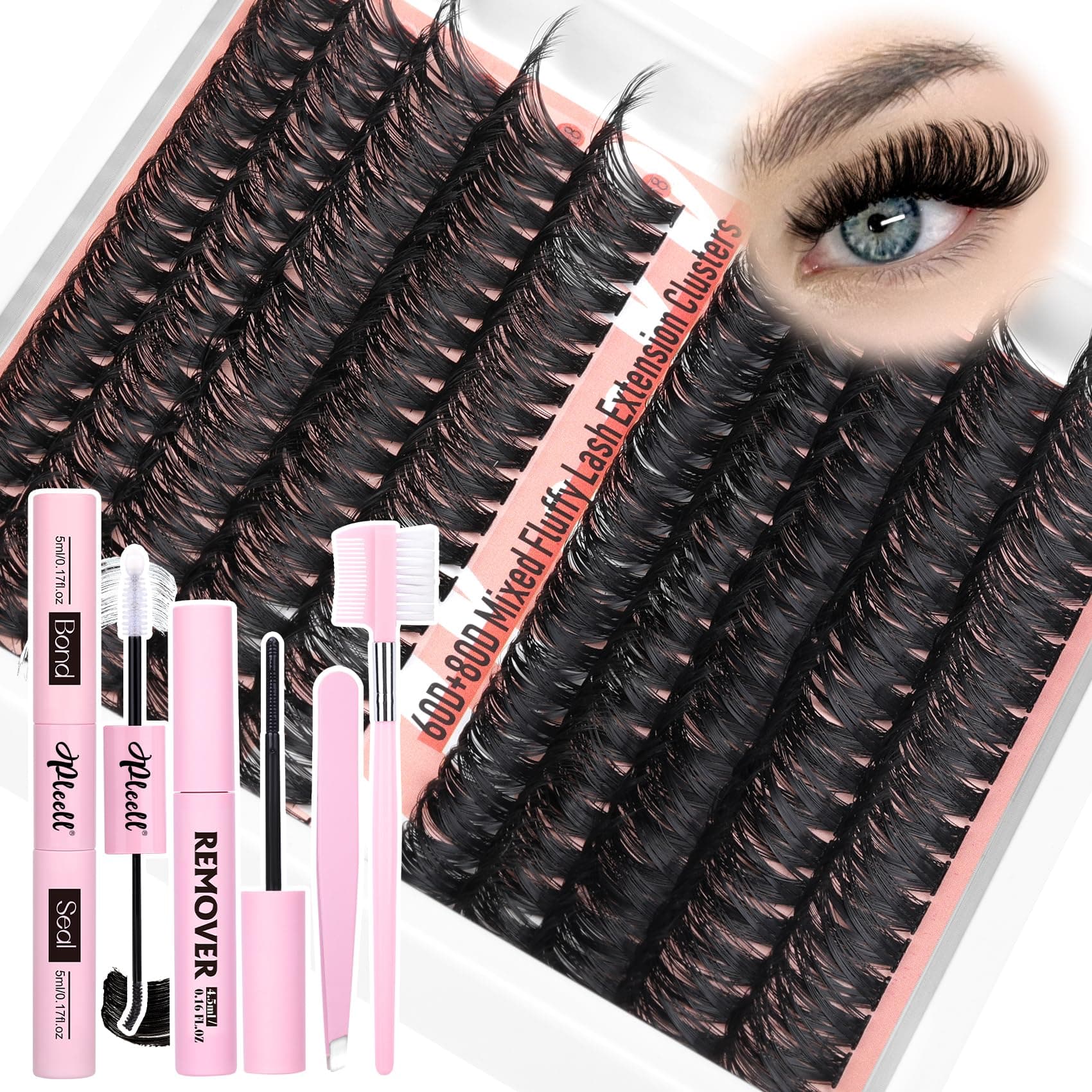 Lash Clusters Kit 60+80D Eyelash Clusters 12-18MM Lashes Cluster Eyelash Extensions 10-18MM Individual Lashes Kit With Lash Bond and Seal and Lash Remover 200Pcs DIY Natural Wispy Lash Extension Kit