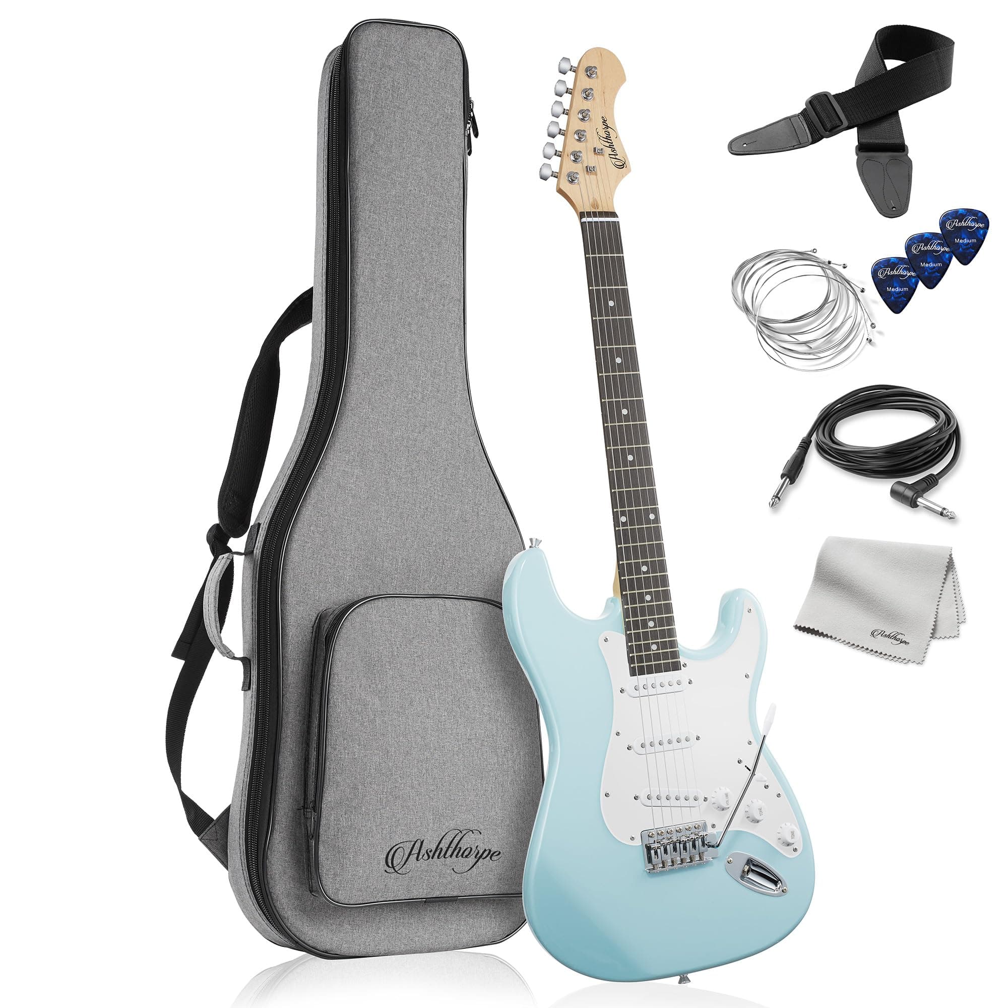 Ashthorpe 39-Inch Electric Guitar (Light Blue-Silver), Full-Size Guitar Kit with Padded Gig Bag, Tremolo Bar, Strap, Strings, Cable, Cloth, Picks