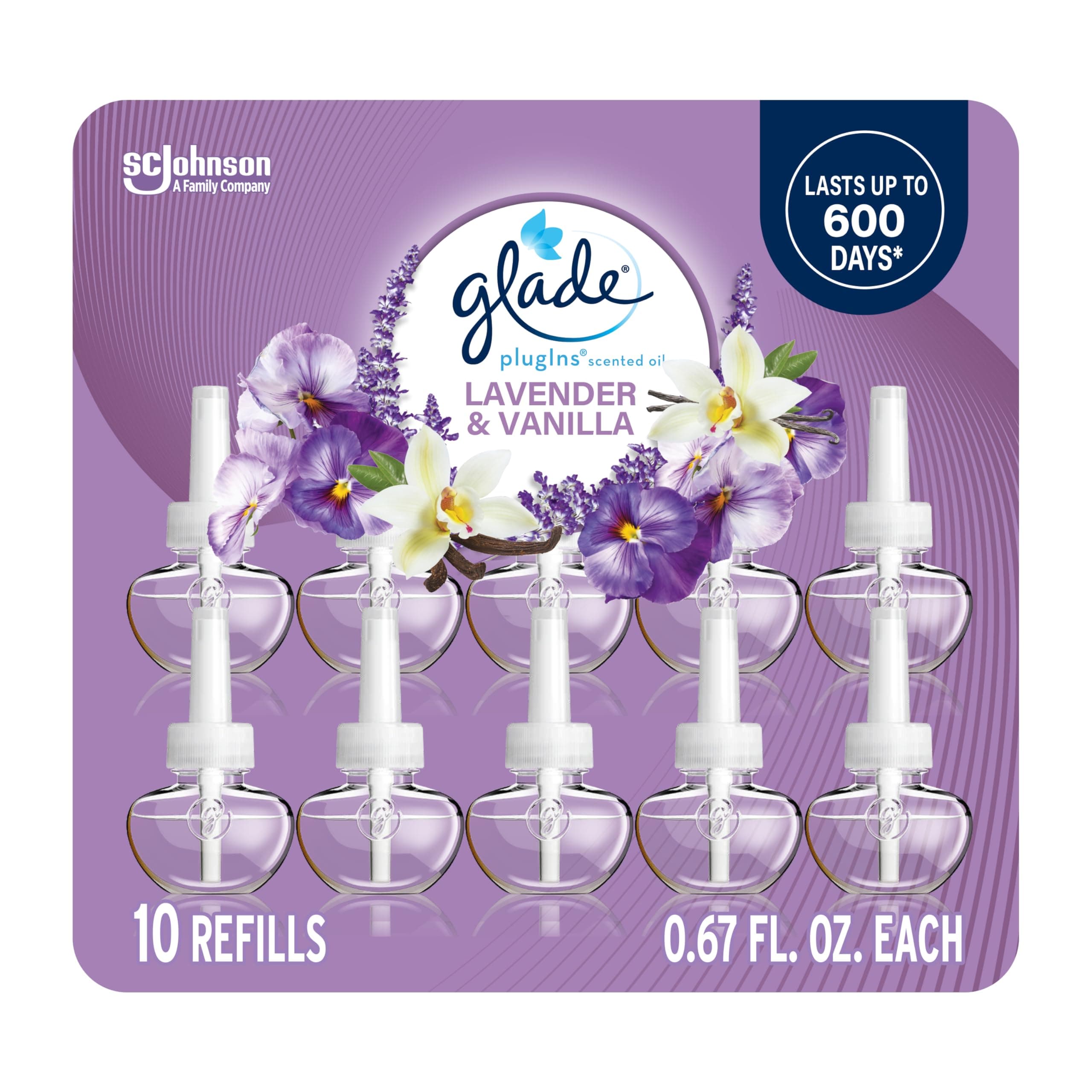 Glade PlugIns Refills Air Freshener, Scented and Essential Oils for Home and Bathroom, Lavender & Vanilla, 6.7 Fl Oz, 10 Count (Packaging May Vary)