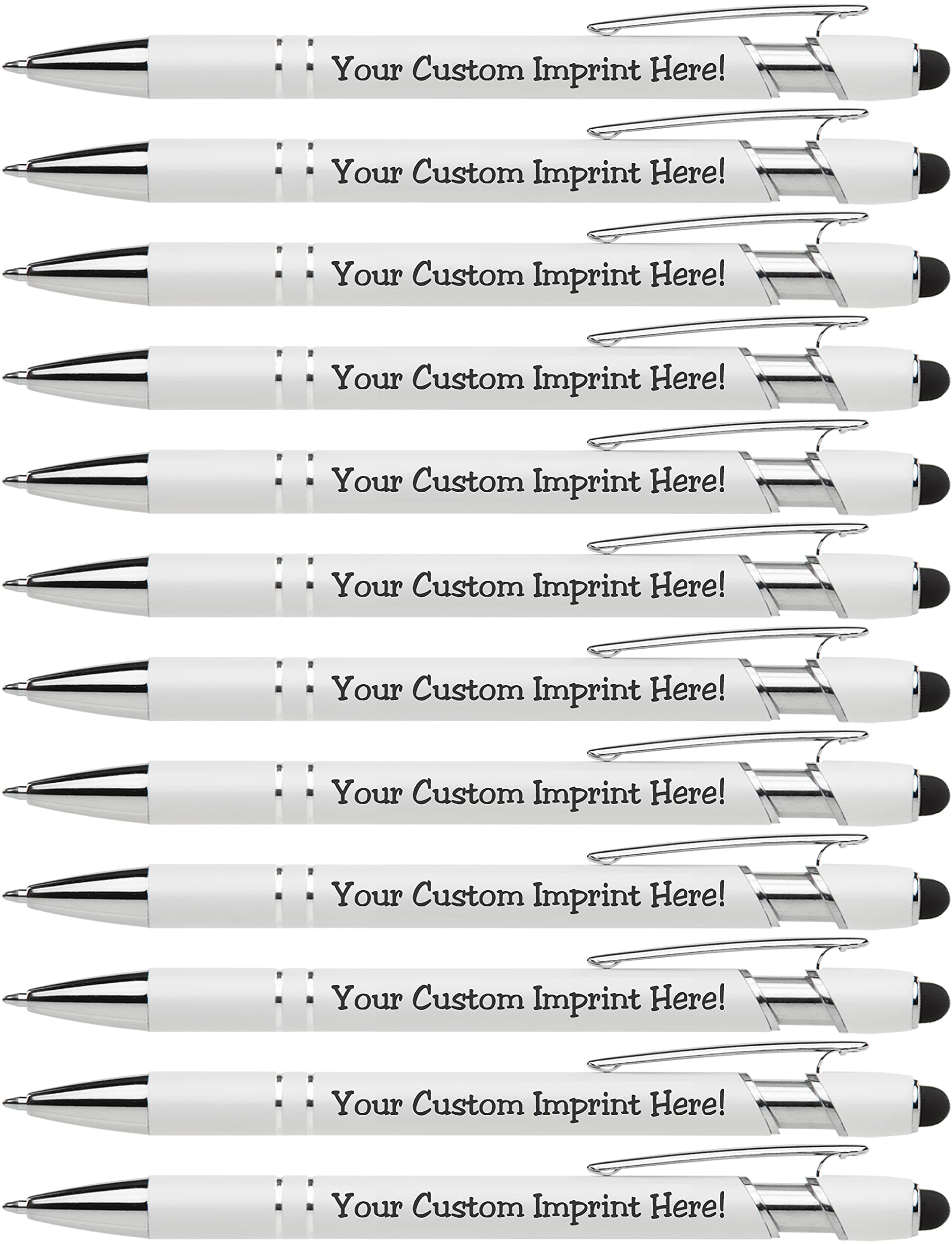 ExpressDesigns™ - Premium Custom Pens with Stylus | Beautiful White | Personalized Soft-Touch Metal Printed Name Pens w/Black Ink - 12 pack (Black)